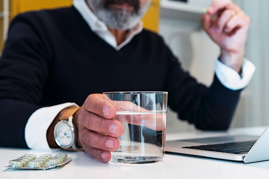 Eine Person mit einem Glas Wasser an einem Laptop