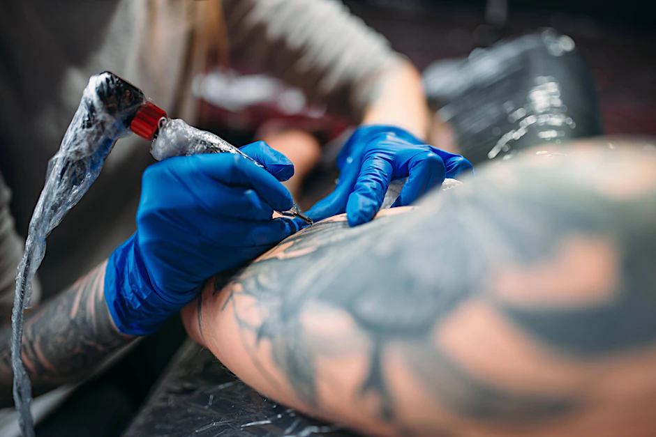 Ein Tätowierer sticht ein Tattoo.