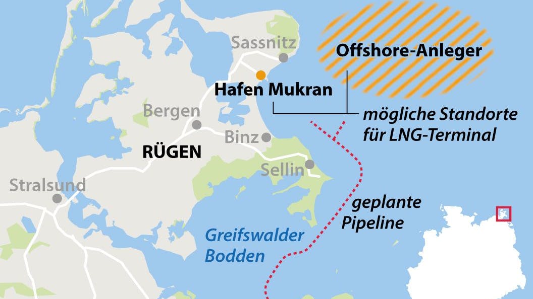 Verortung des umstrittenen LNG-Projekts vor Rügen. 