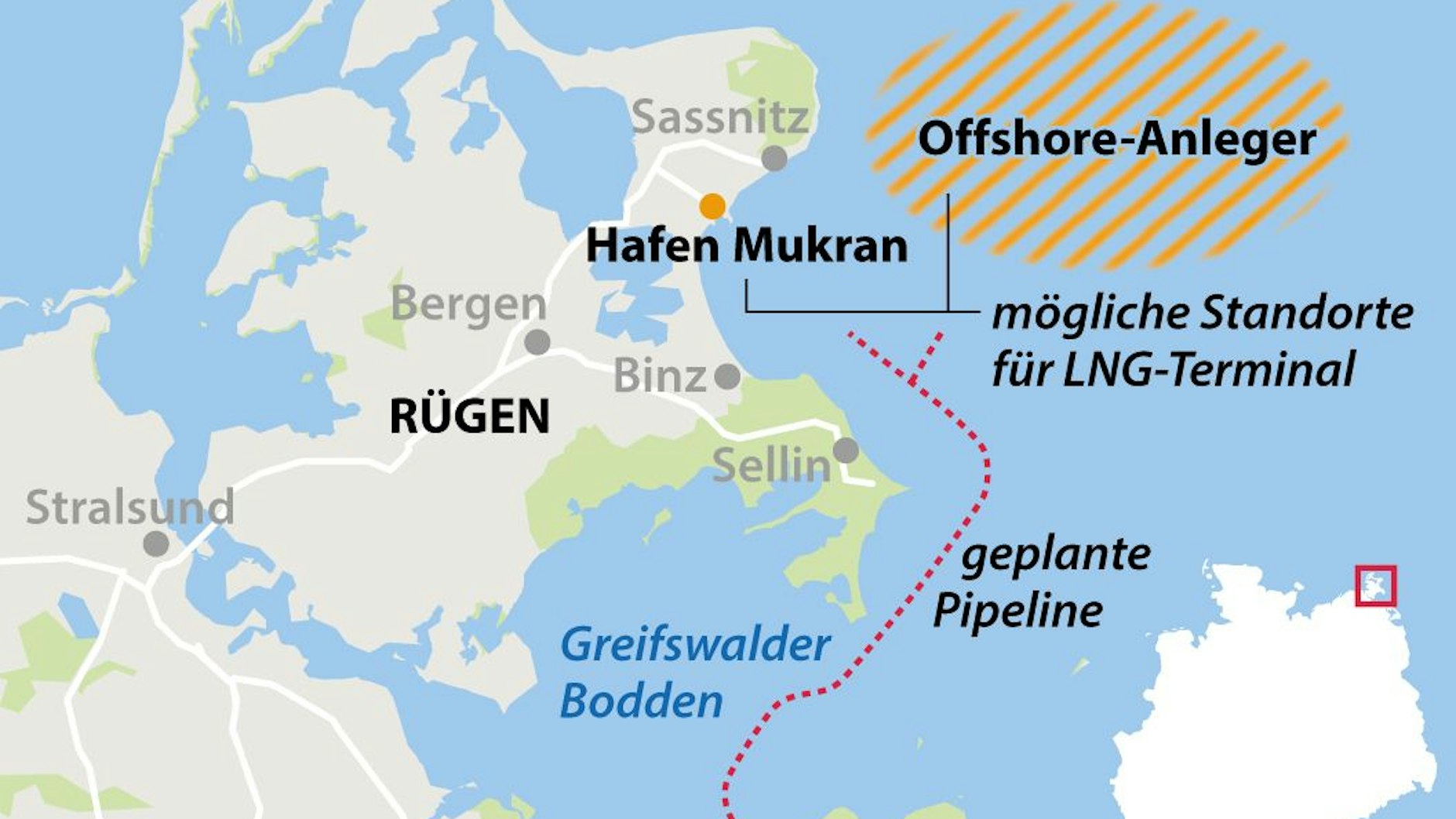 Verortung des umstrittenen LNG-Projekts vor Rügen.&nbsp;