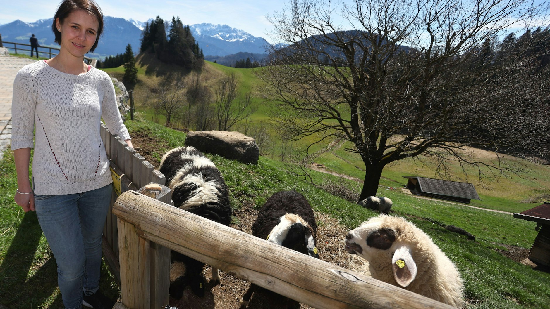 Simone Braun, Wirtin des Gebirgsgasthofs Bichlersee, steht vor einer mit einem Elektrozaun geschützten Schafsweide. In der Umgebung des Gasthofs hatte ein Braunbär zwei Schafe gerissen und ein drittes verletzt.