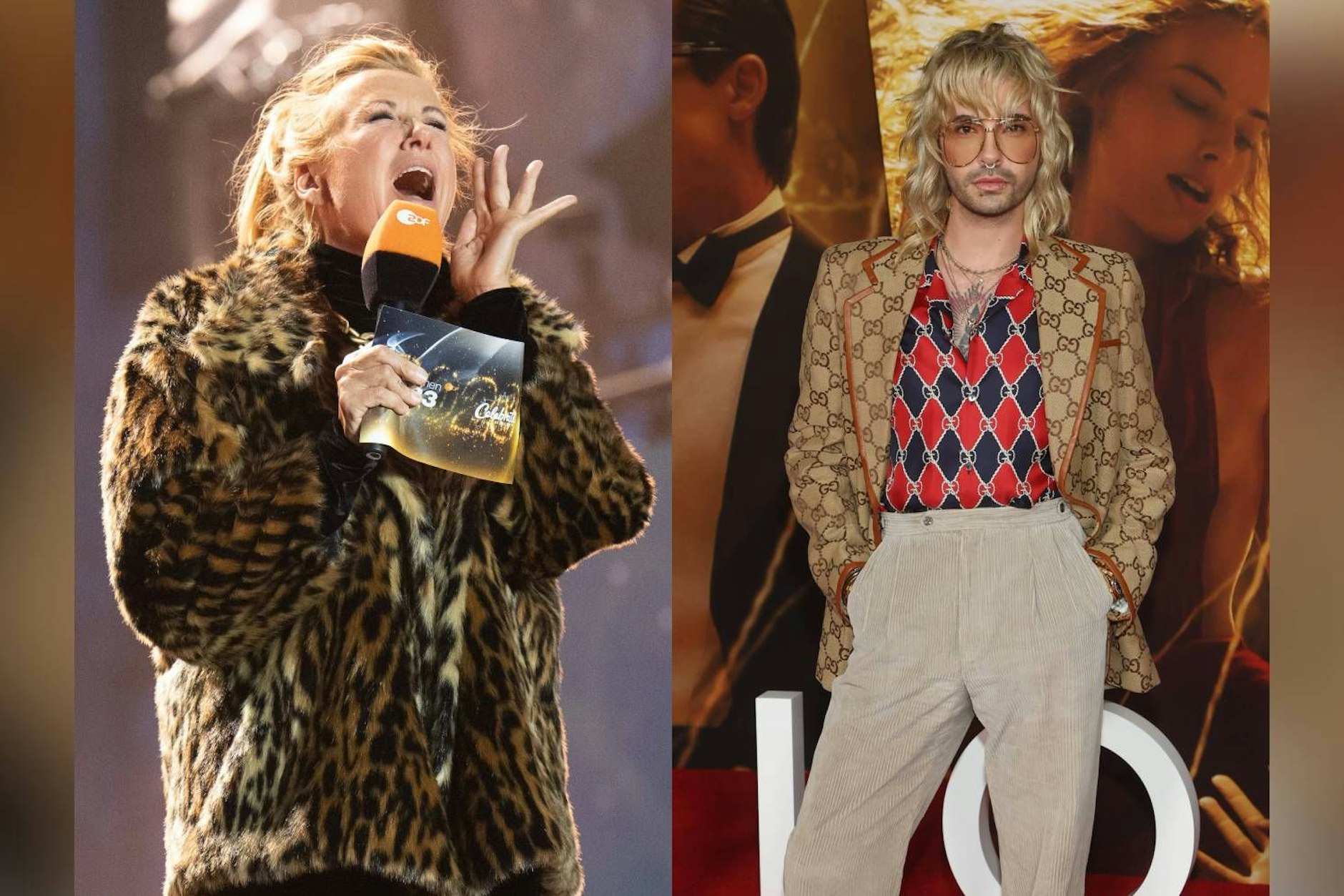 Andrea Kiewel moderiert den Fernsehgarten, Bill Kaulitz ist Sänger von Tokio Hotel.