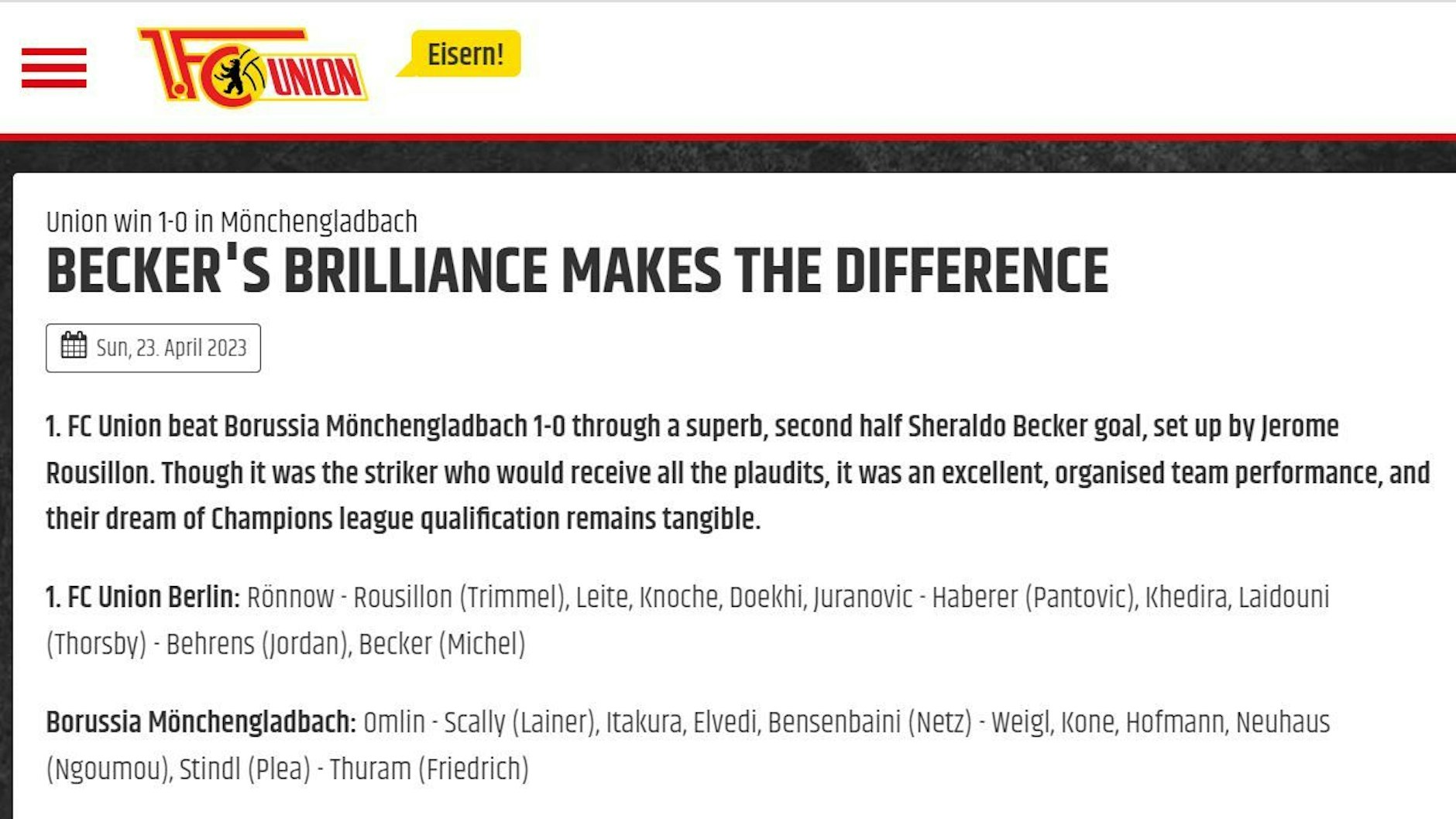 Die englischsprachige Homepage des 1. FC Union spricht schon von der Champions League.