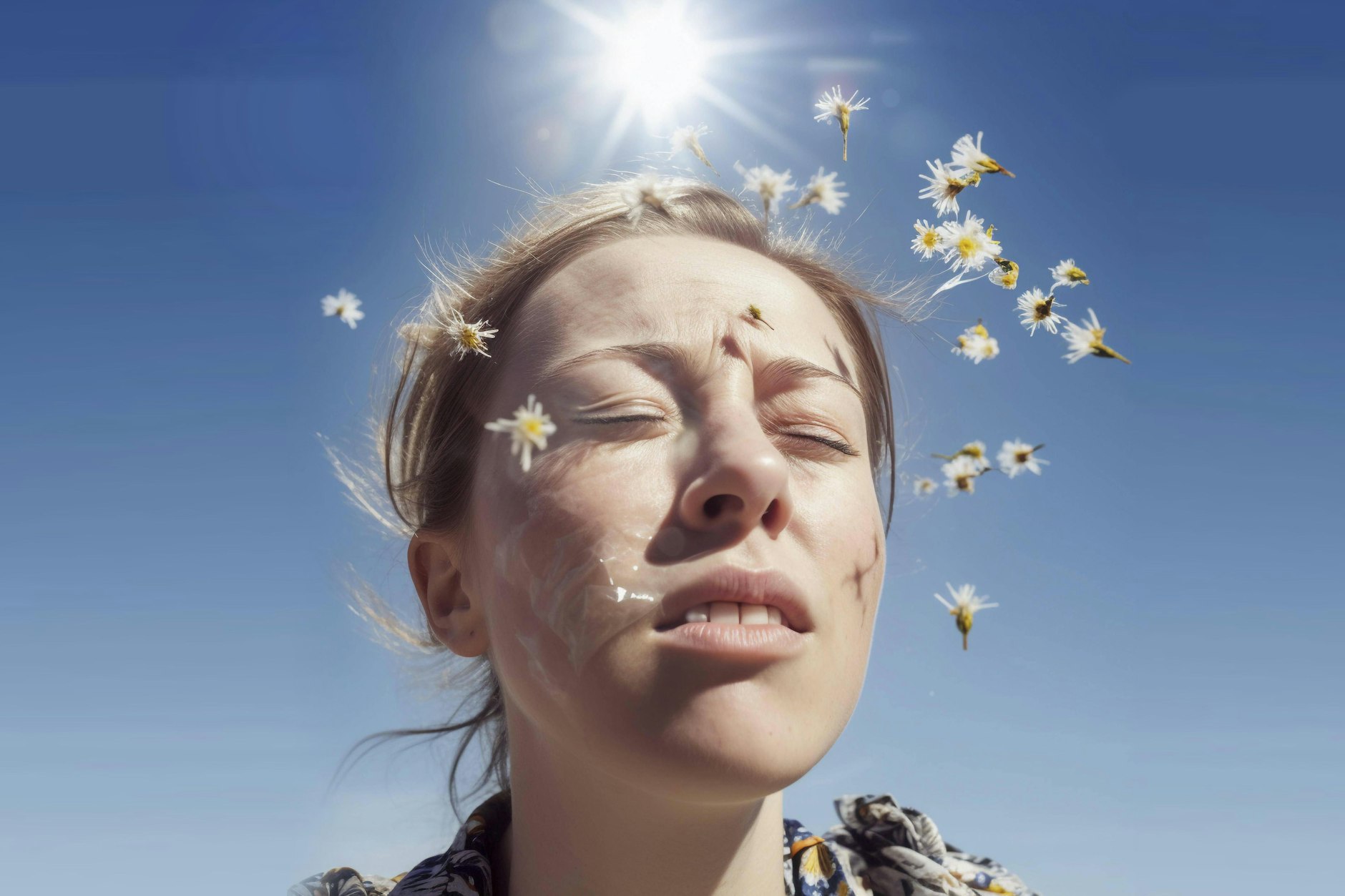 Eine Frau kneift ihre Augen zu. Ist es eine allergische Reaktion?