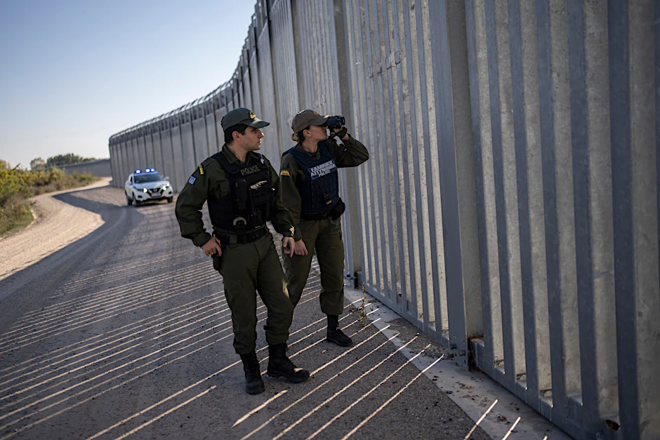 Griechenland, Feres: Grenzschutzbeamte patrouillieren am Evros, dem Grenzfluss zur Türkei.&nbsp;