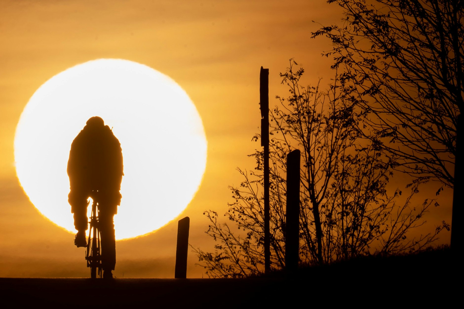 Ein Fahrradfahrer fährt im Sonnenuntergang. 