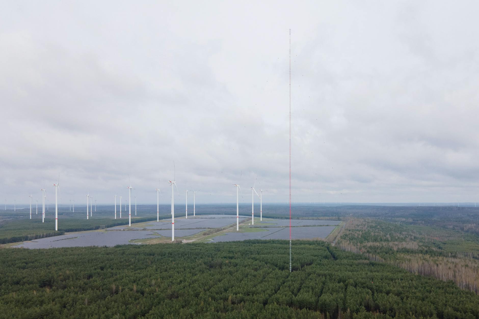 Schipkau: Ein fast 300 Meter hoher Windmessturm steht in einem Waldstück vor Windrädern. Mit dem Turm soll laut des Auftraggebers Gicon erforscht werden, wie stark Winde in so einer Höhe tatsächlich wehen. Schon heute viele Meter hohe Windräder könnten in Zukunft doppelt so hoch werden. Damit soll mehr Windenergie erzeugt werden können.
