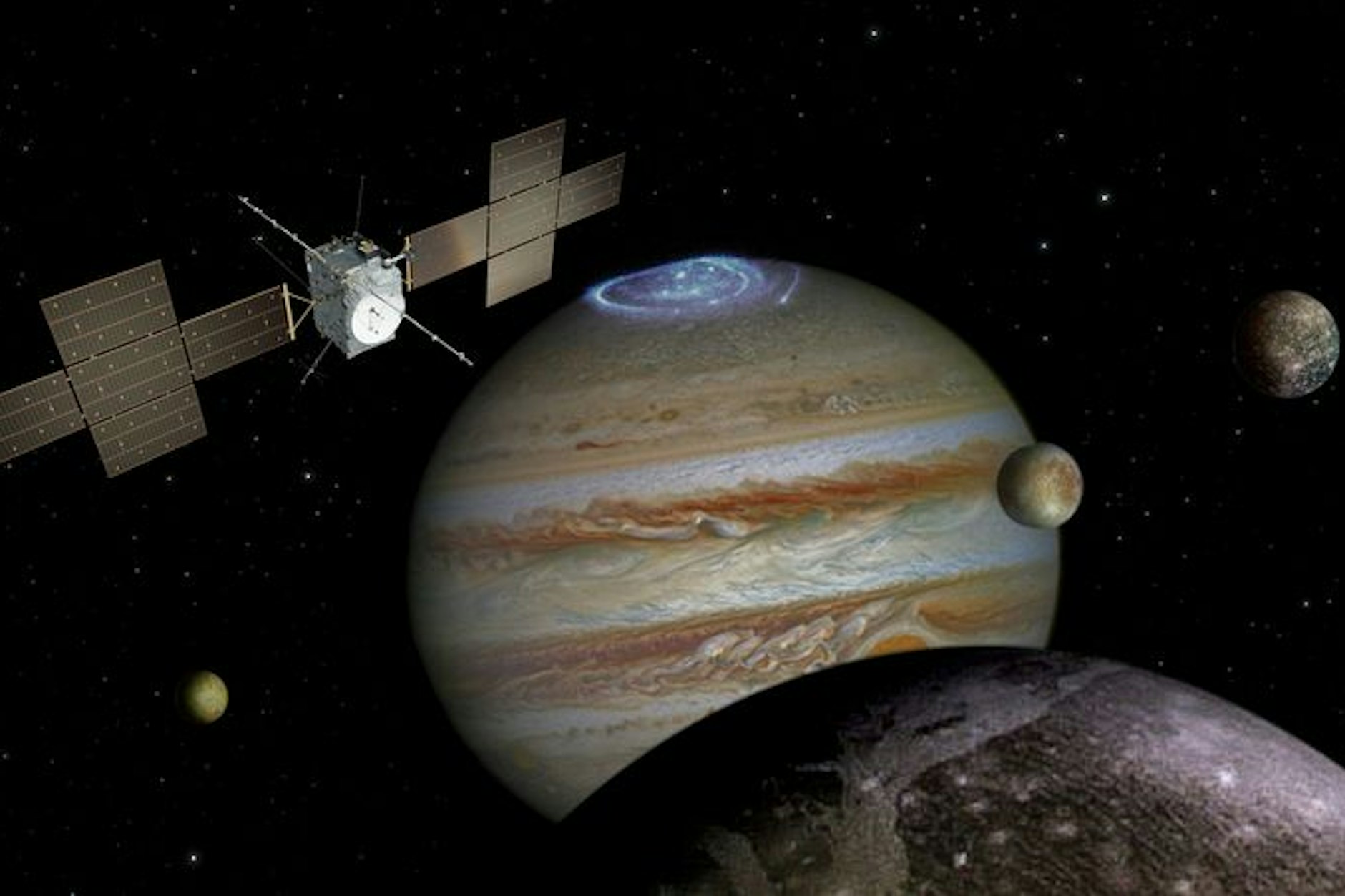 Simulation des Eintreffens der Raumsonde „Juice“ am Jupiter und seinen Monden