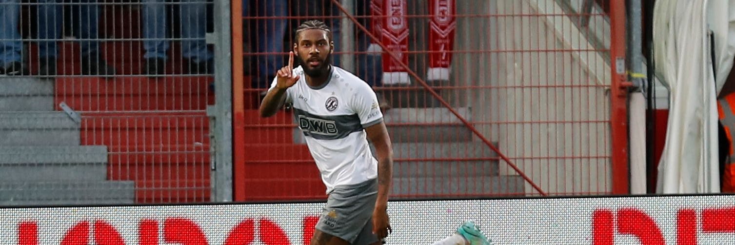 BFC-Ass Dominic Duncan bejubelt seinen Treffer zum 1:1 bei Energie Cottbus.