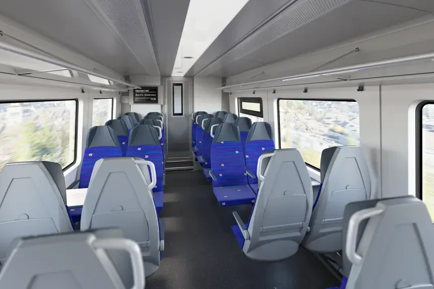 Ein Blick in den Fahrgastraum. Der Siemens Mireo Plus B soll 127, der Plus H 134 Sitzplätze bieten. Es soll auch einen Familienbereich mit Beschäftigungsmöglichkeiten für Kinder und Informationselemente für Eltern geben.