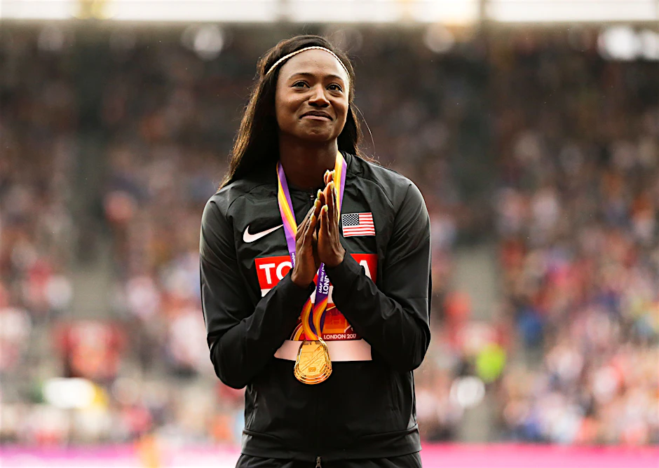 Tori Bowie gewann mehrfach Gold: hier&nbsp;im 100-Meter-Lauf&nbsp;bei den <a href="https://de.wikipedia.org/wiki/Leichtathletik-Weltmeisterschaften_2017">Weltmeisterschaften 2017</a> in <a href="https://de.wikipedia.org/wiki/London">London</a>.