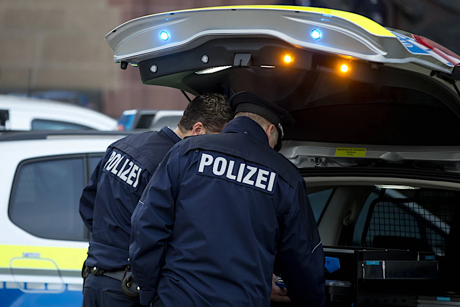 Zwei Polizisten stehen bei einem Einsatz am Streifenwagen (Symbolbild).&nbsp;
