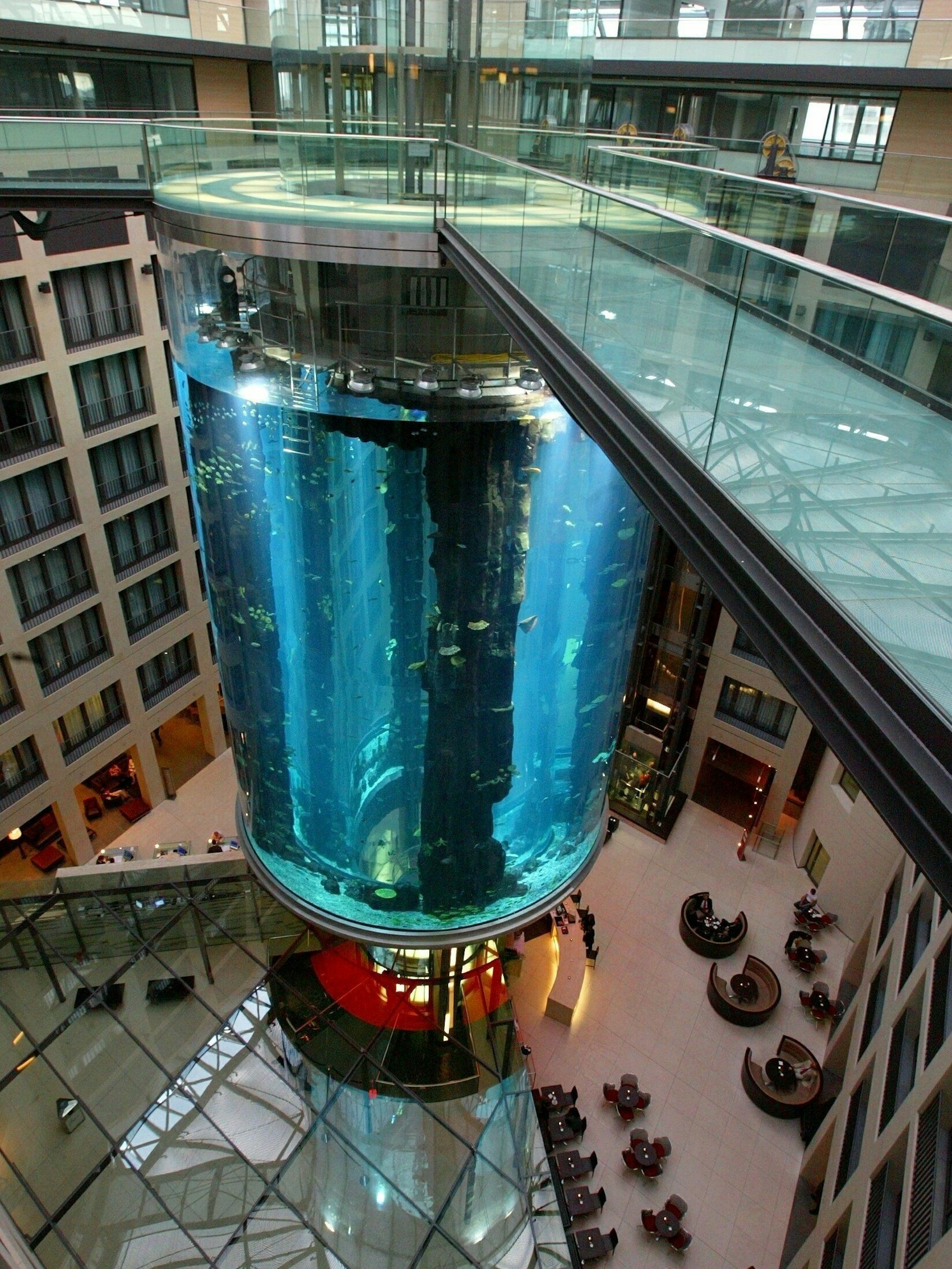 Das Aquarium in der Hotellobby. Wäre sie belebt gewesen, als das Aquarium platzte, wäre der Unfall nicht so glimpflich für Menschen ausgegangen.