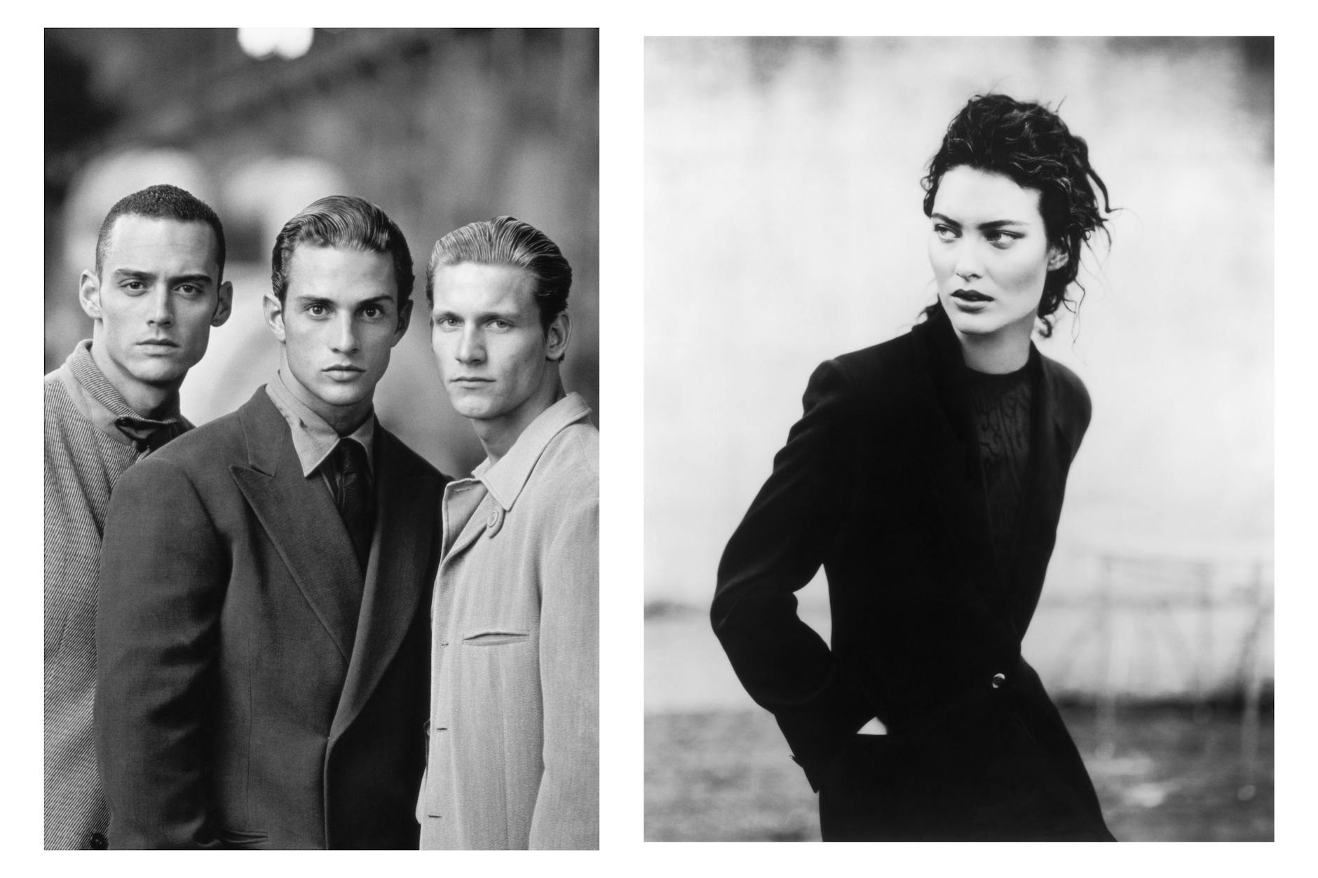 Links ein Foto, das Peter Lindbergh 1994 für eine Giorgio-Armani-Kampagne fotografierte, rechts ein Armani-Kampagnen-Foto von Paolo Roversi, auf dem Shalom Harlow zu sehen ist (1998)