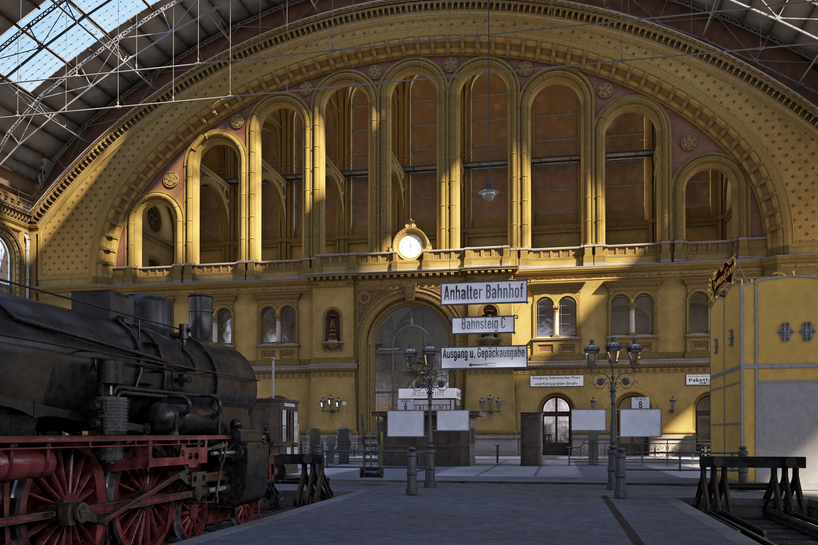 Anhalter Bahnhof, Endstation! Am Querbahnsteig endeten die Gleise. Hier mussten die Fahrgäste aussteigen. Eine Treppe führte hinunter in die prachtvolle Vorhalle, später gab es einen Tunnel ins Hotel Excelsior.&nbsp;