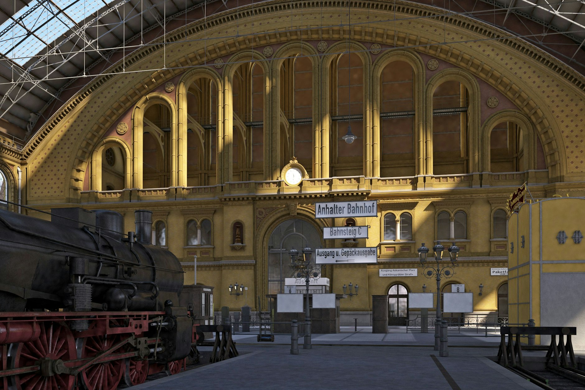 Anhalter Bahnhof, Endstation! Am Querbahnsteig endeten die Gleise. Hier mussten die Fahrgäste aussteigen. Eine Treppe führte hinunter in die prachtvolle Vorhalle, später gab es einen Tunnel ins Hotel Excelsior.&nbsp;