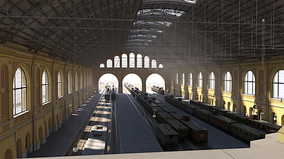 Willkommen in der Bahnsteighalle des Anhalter Bahnhofs! Bei der Eröffnung war sie die größte Halle dieser Art auf dem europäischen Kontinent - breiter als die Straße Unter den Linden.