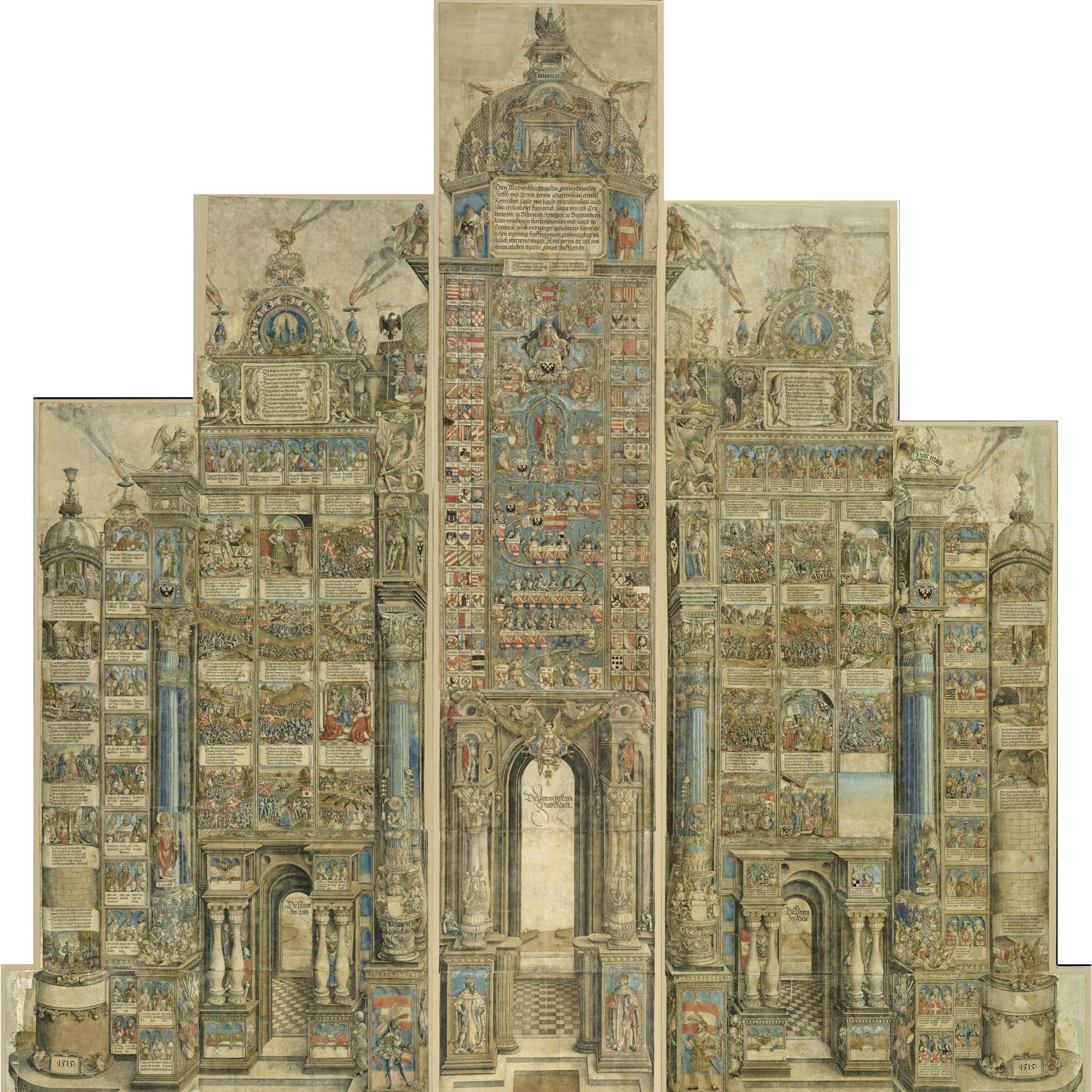 Albrecht Dürers wandfüllende „Ehrenpforte für Kaiser Maximilian I.“, Gesamtansicht, 1515, Holzschnitt, koloriert