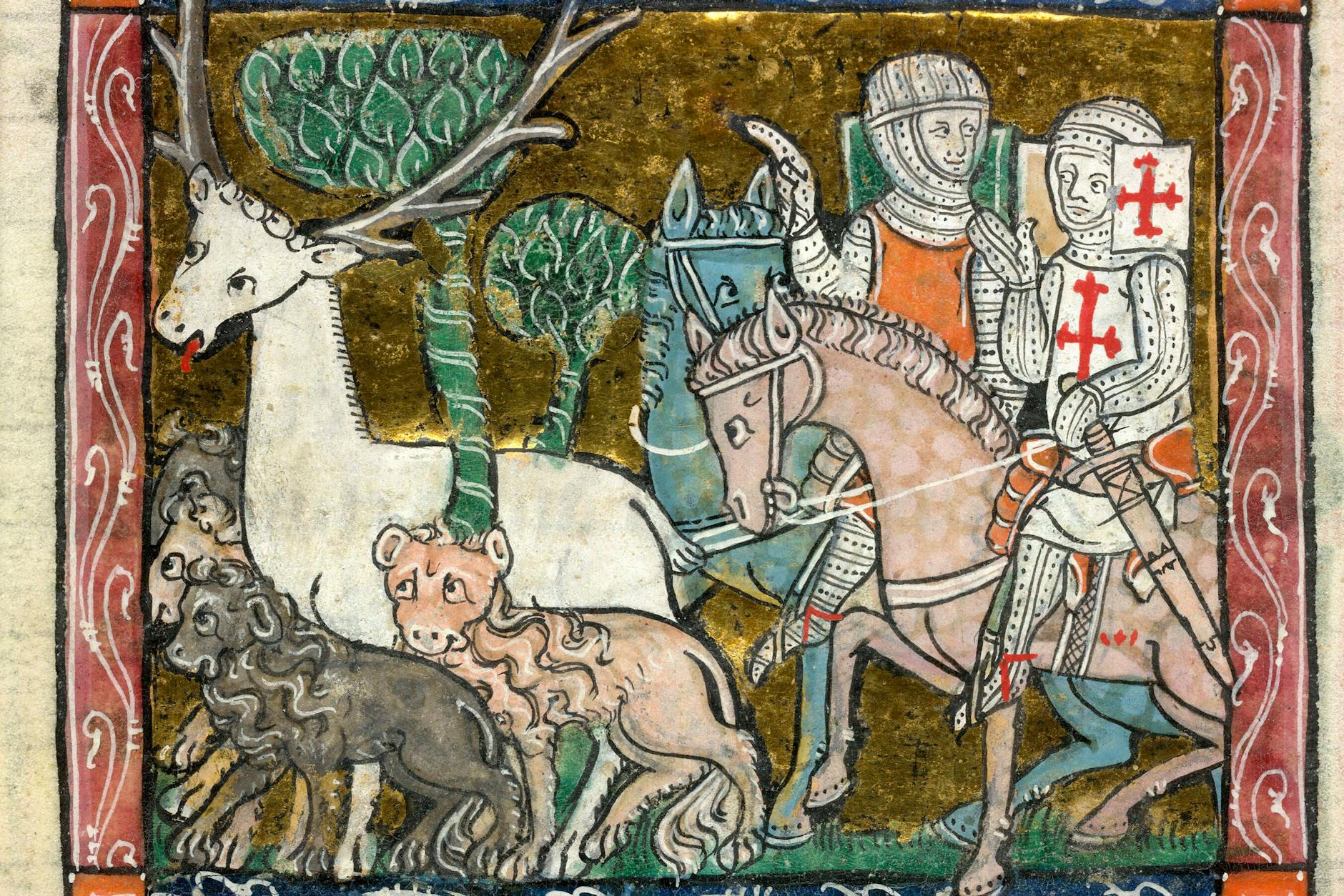 Mittelalterliche Buchmalerei: Französische Jagdszene aus dem 14. Jahrhundert.