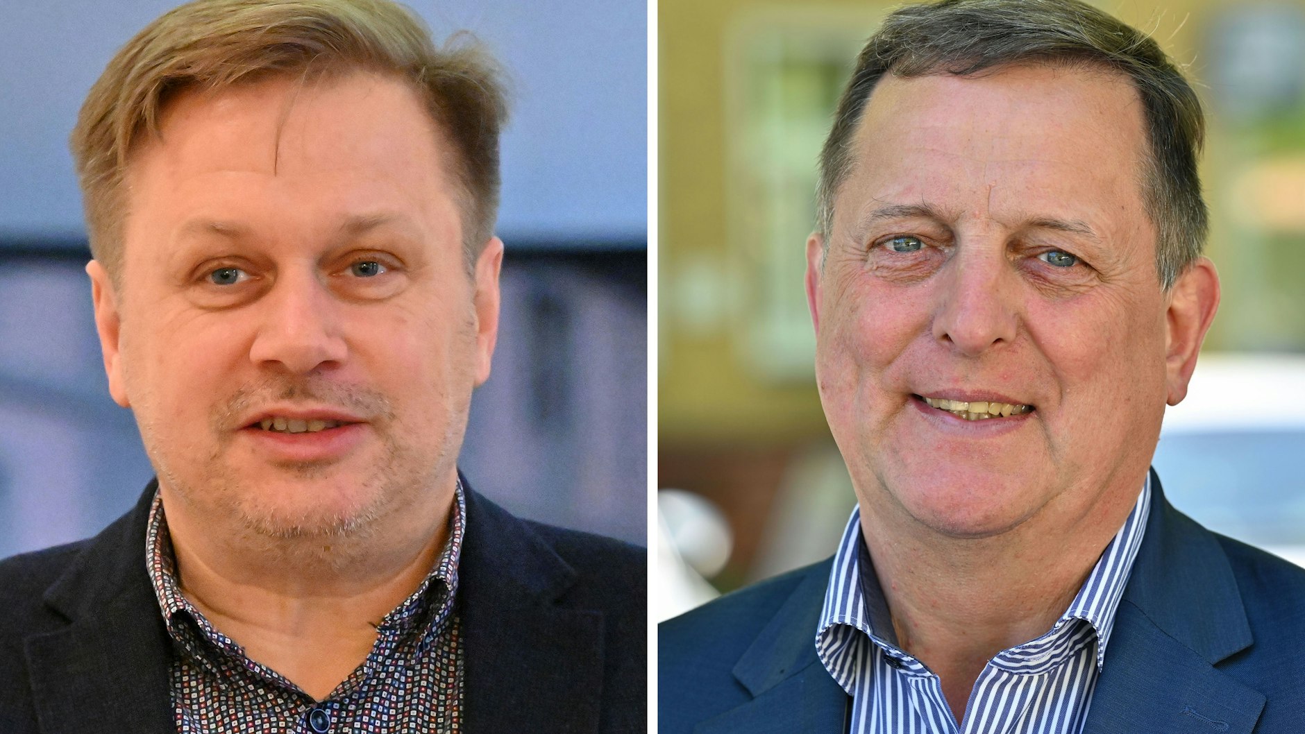 Frank Steffen (l., SPD) und Rainer Galla (AfD) gingen in die Stichwahl. Der SPD-Kandidat gewann knapp.