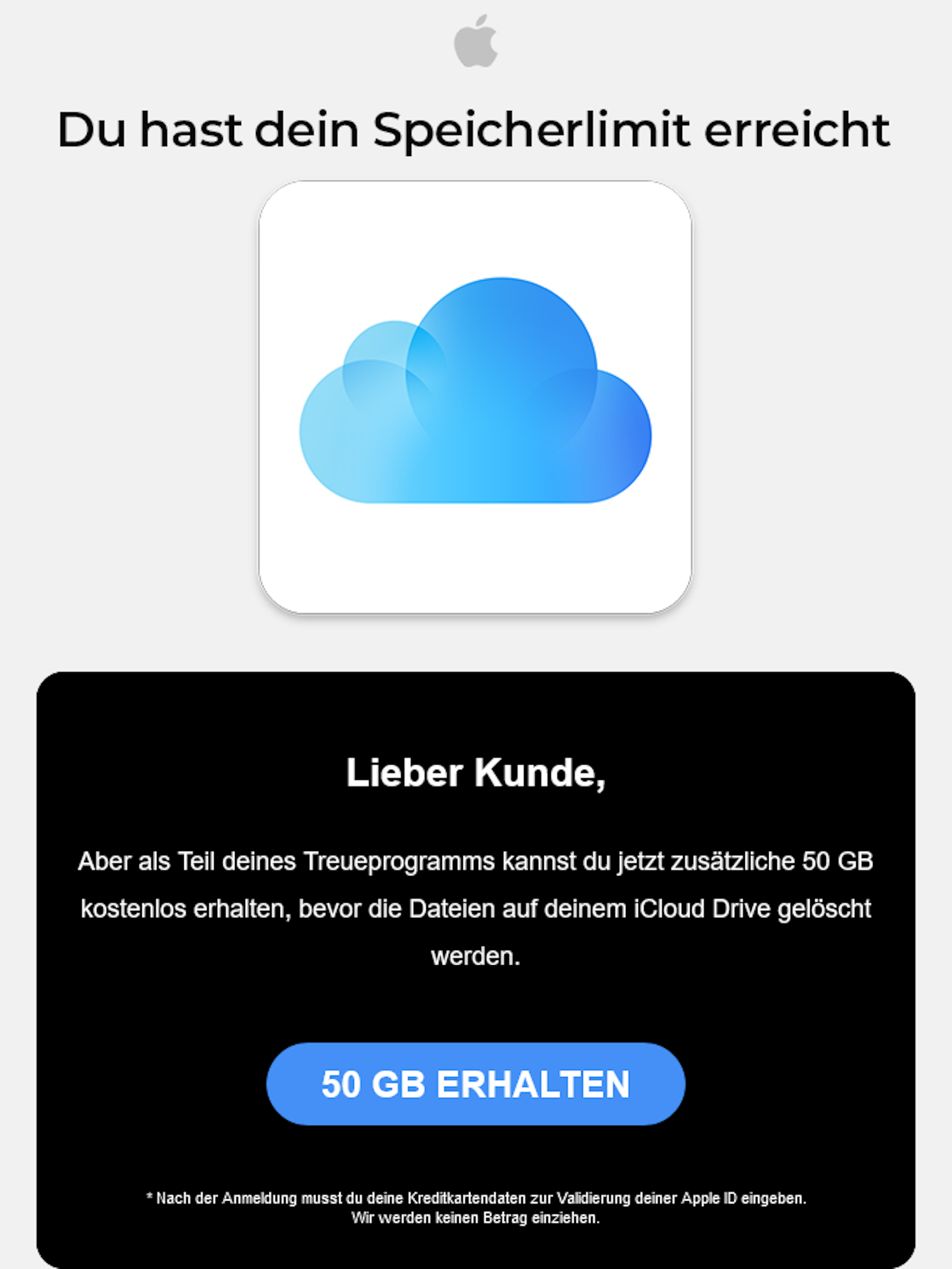 Hinter dieser Mail den iCloud-Speicher betreffend lauert Betrug.