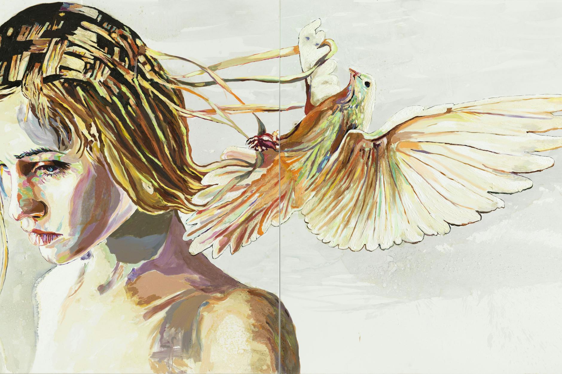 Cornelia Schleime: „Die Taube“, 2020, Acryl, Asphaltlack und Schellack auf Leinwand 