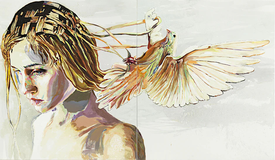 Cornelia Schleime: „Die Taube“, 2020, Acryl, Asphaltlack und Schellack auf Leinwand&nbsp;