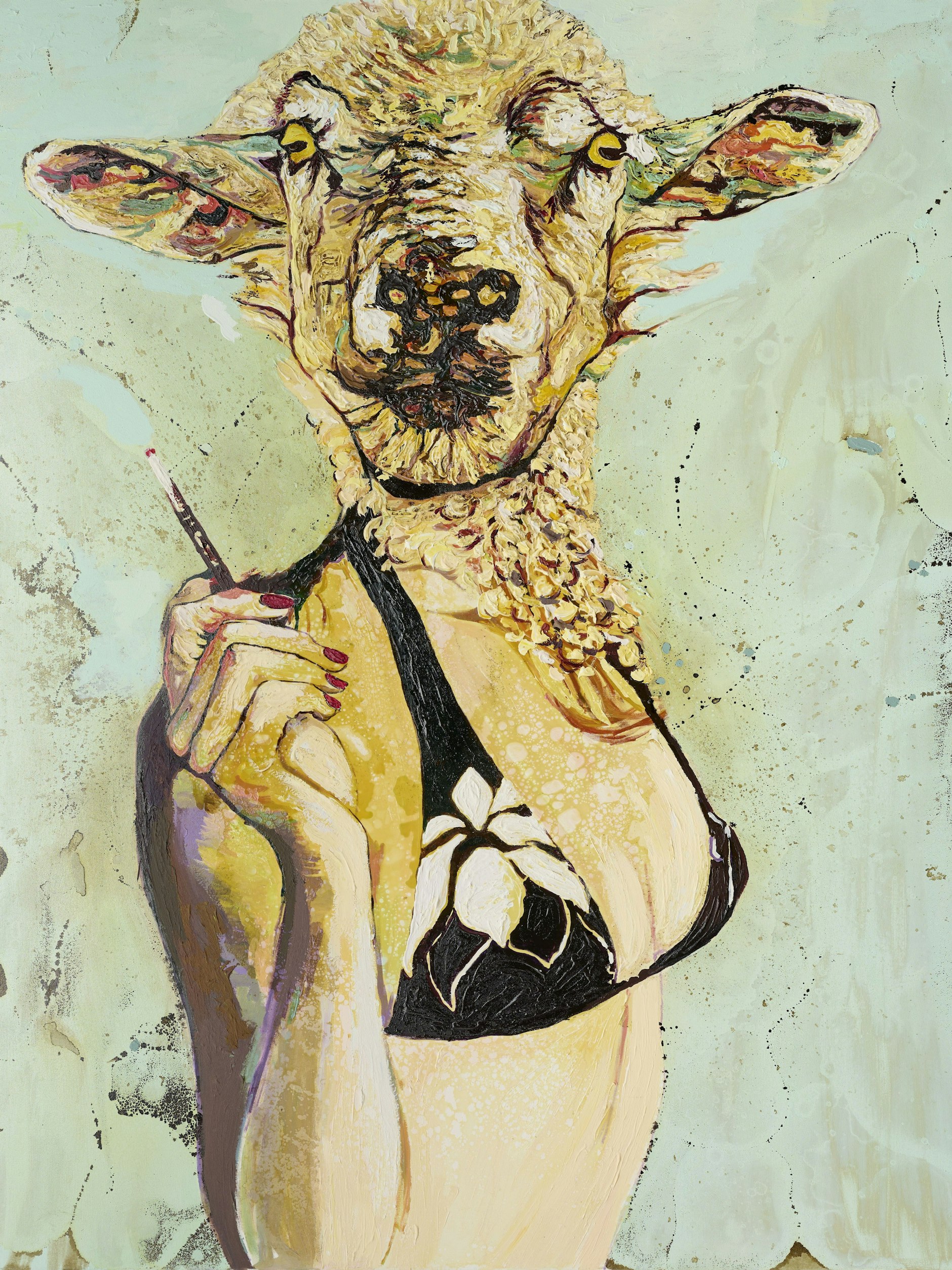 Cornelia Schleime: „Selbstporträt als Schaf“, 2010, Acryl, Asphaltlack und Schellack auf Leinwand