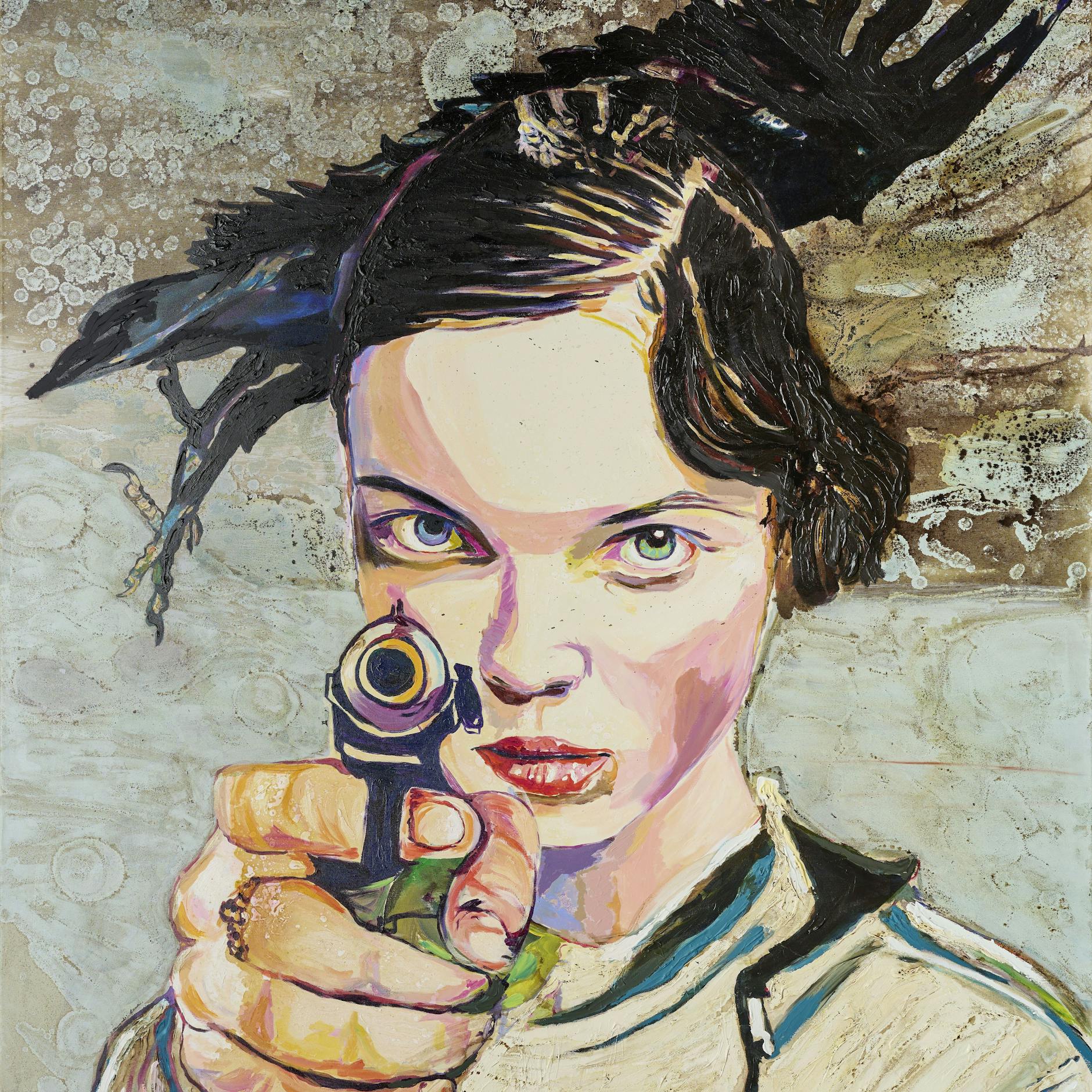 Cornelia Schleime: „Für den, der von mir was will, was ihm nicht zusteht“, 2022, Acryl, Asphaltlack und Schellack auf Leinwand