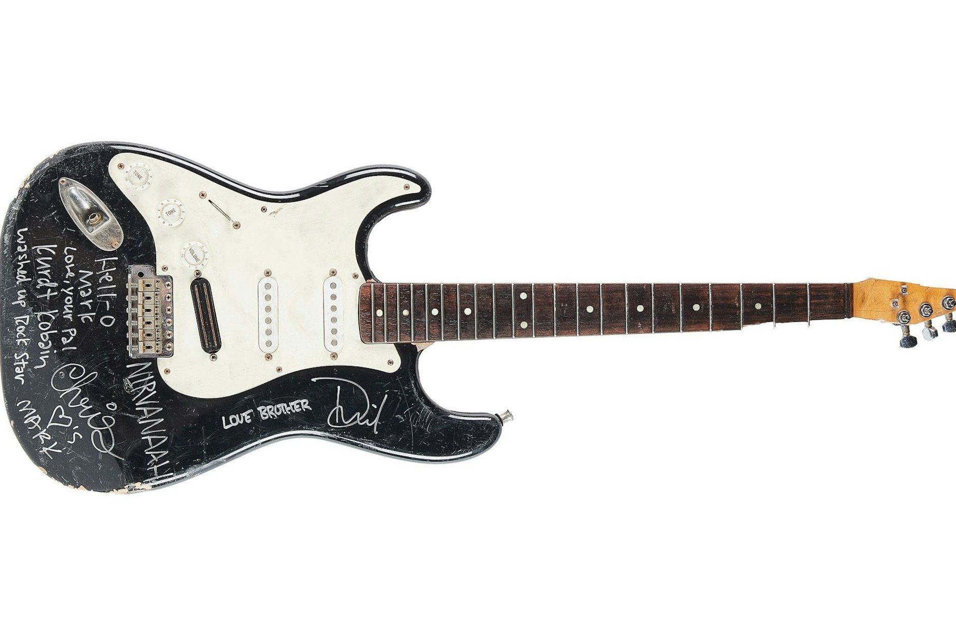 Das vom Auktionshaus zur Verfügung gestellte Bild zeigt eine zerschmetterte Gitarre des früheren Nirvana-Frontmanns Kurt Cobain.