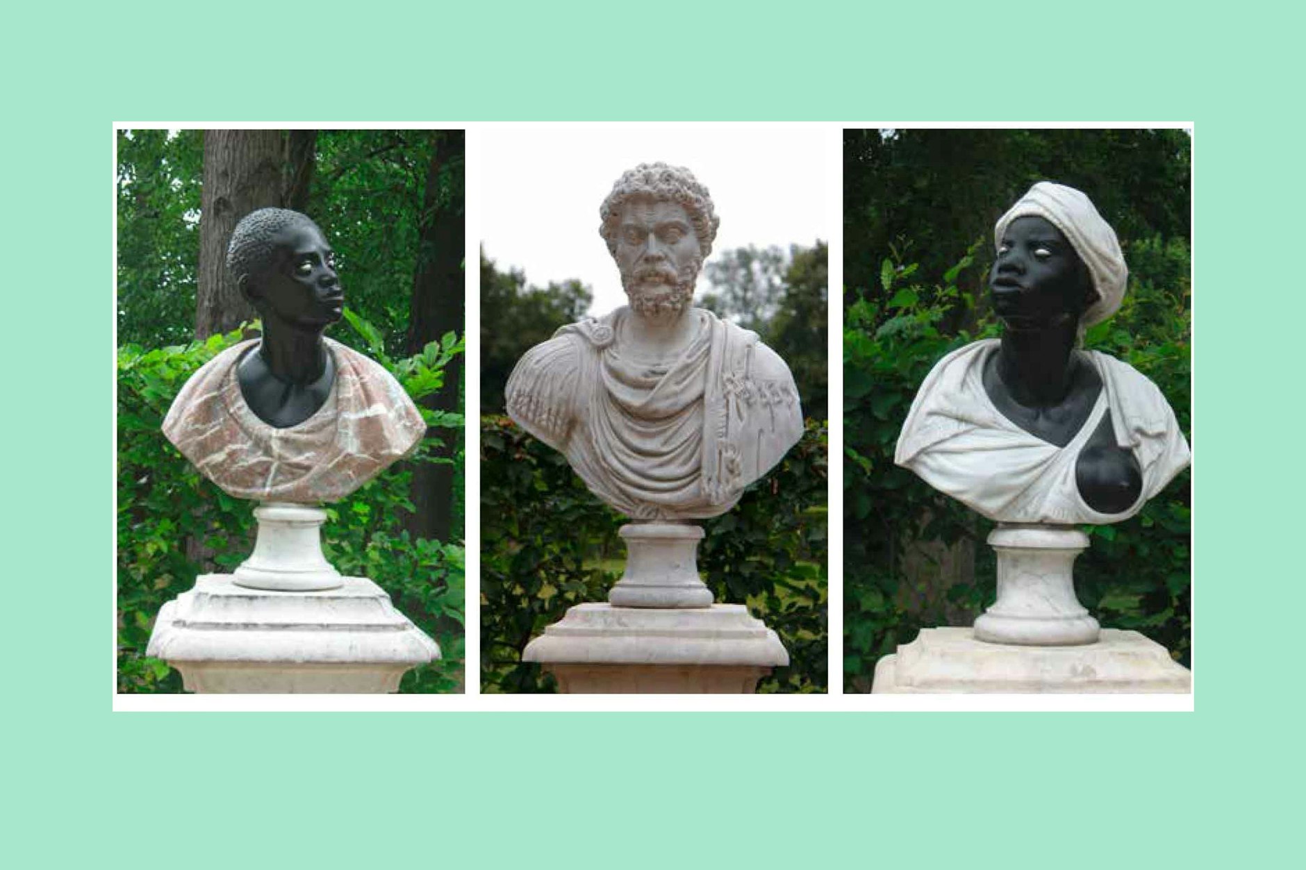 Drei der sechs Skulpturen, die das Mohrenrondell in Potsdam Sanssouci bilden, das seit 2020 wieder den ursprünglichen Namen Erstes Rondell trägt (v.l.): Bildnis eines Afrikaners, Kaiser Marc Aurel, Bildnis einer Afrikanerin.