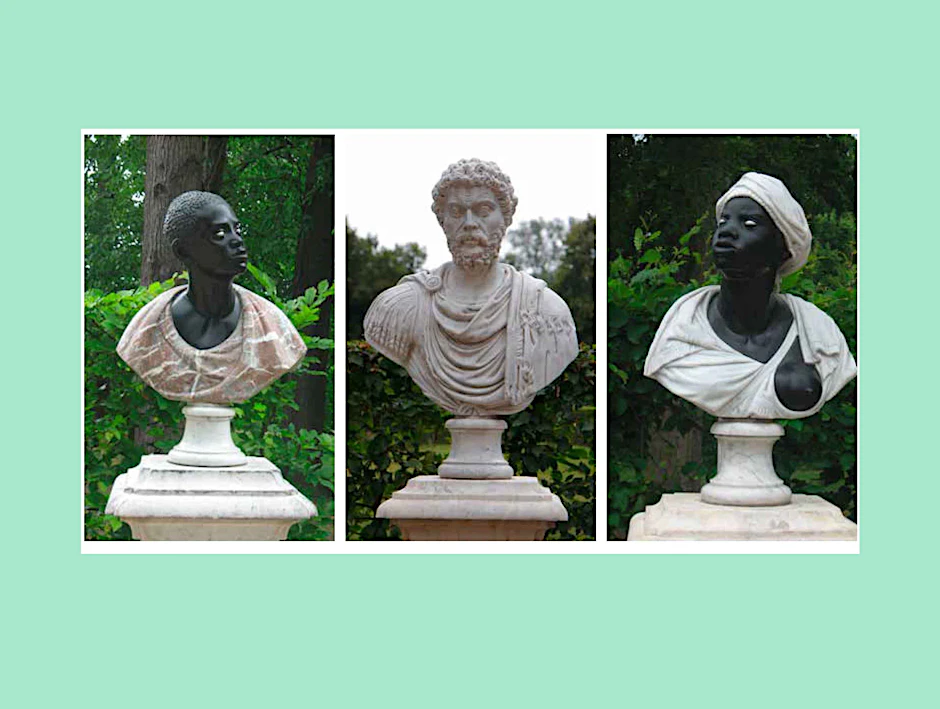Drei der sechs Skulpturen, die das Mohrenrondell in Potsdam Sanssouci bilden, das seit 2020 wieder den ursprünglichen Namen Erstes Rondell trägt (v.l.): Bildnis eines Afrikaners, Kaiser Marc Aurel, Bildnis einer Afrikanerin.