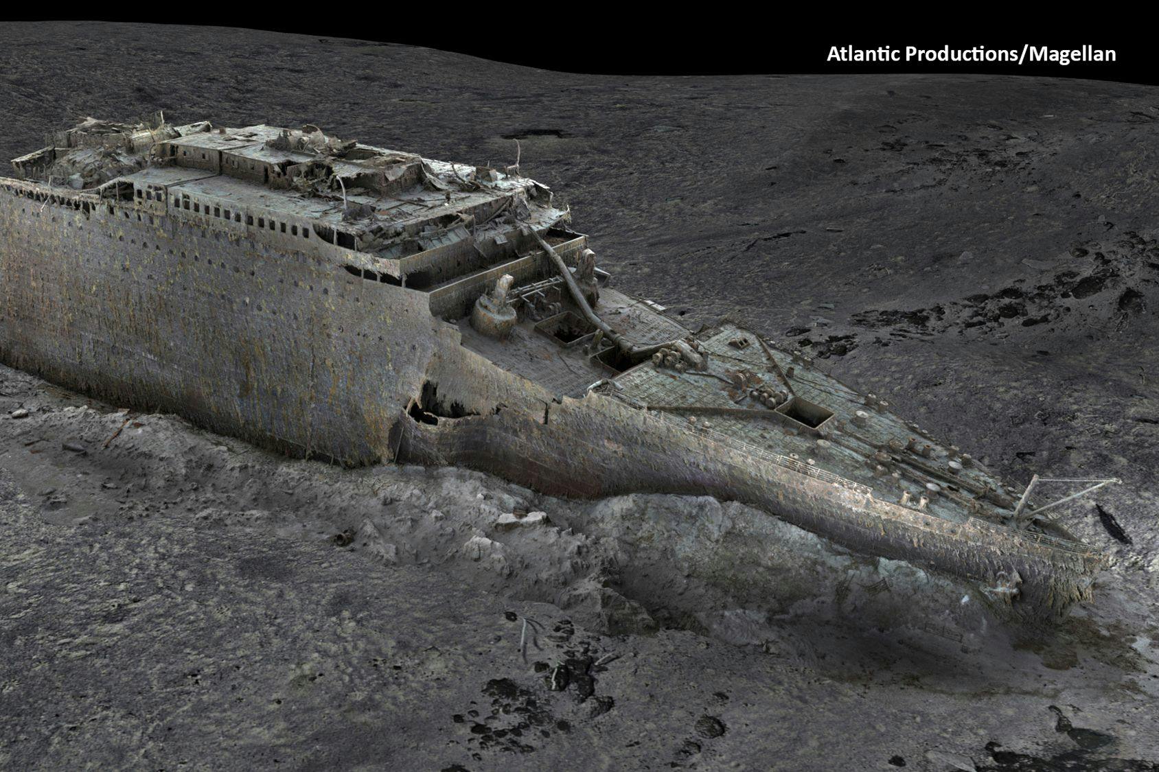 In dieser Aufnahme eines digitalen Scans, die von Atlantic/Magellan am Donnerstag, den 18. Mai 2023, veröffentlicht wurde, ist der Bug der Titanic im Atlantik zu sehen, der mit Hilfe von Tiefseekartierungen erstellt wurde.