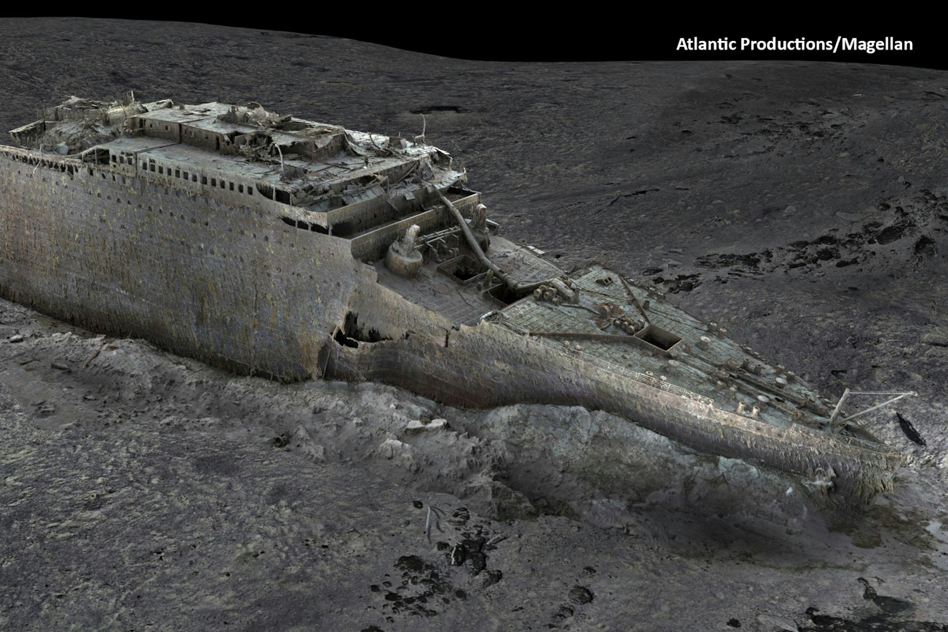 In dieser Aufnahme eines digitalen Scans, die von Atlantic/Magellan am Donnerstag, den 18. Mai 2023, veröffentlicht wurde, ist der Bug der Titanic im Atlantik zu sehen, der mit Hilfe von Tiefseekartierungen erstellt wurde.