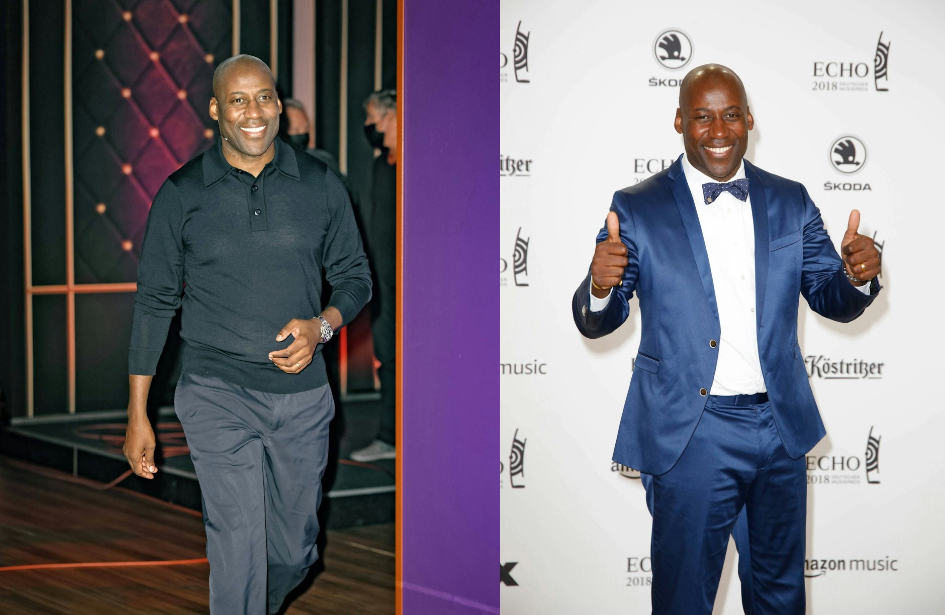 So hot, so not: In einer Talkshow 2022 (links) überzeugt Joe "The Body" Chialo mit souveräner, armanihafter Eleganz. Das Outfit beim Echo 2018 indes sitzt zu eng.