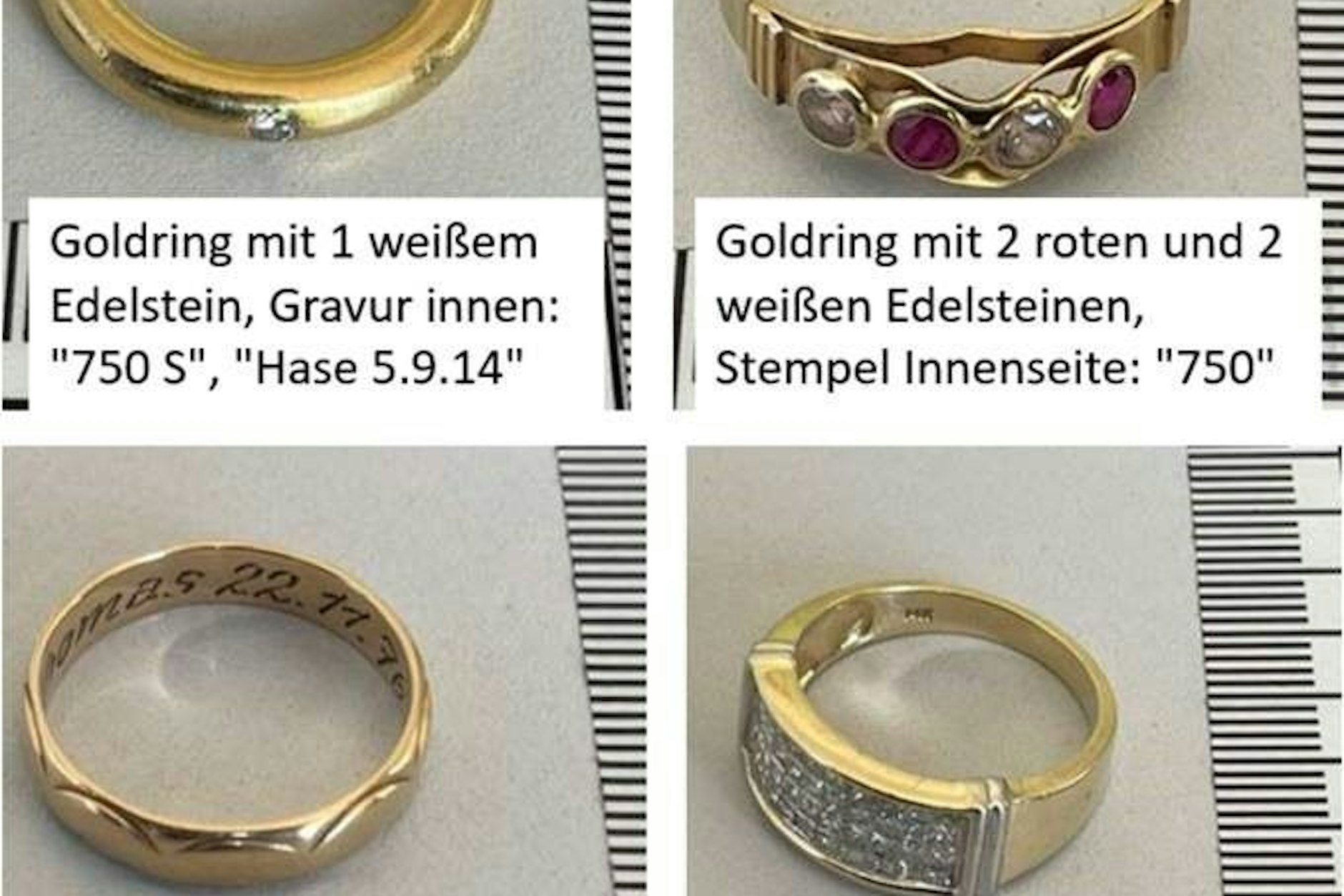 Die Goldringe sind Teil der Diebesbeute. Die Polizei sucht die Besitzer. Einen Ring verschluckte der mutmaßliche Dieb.
