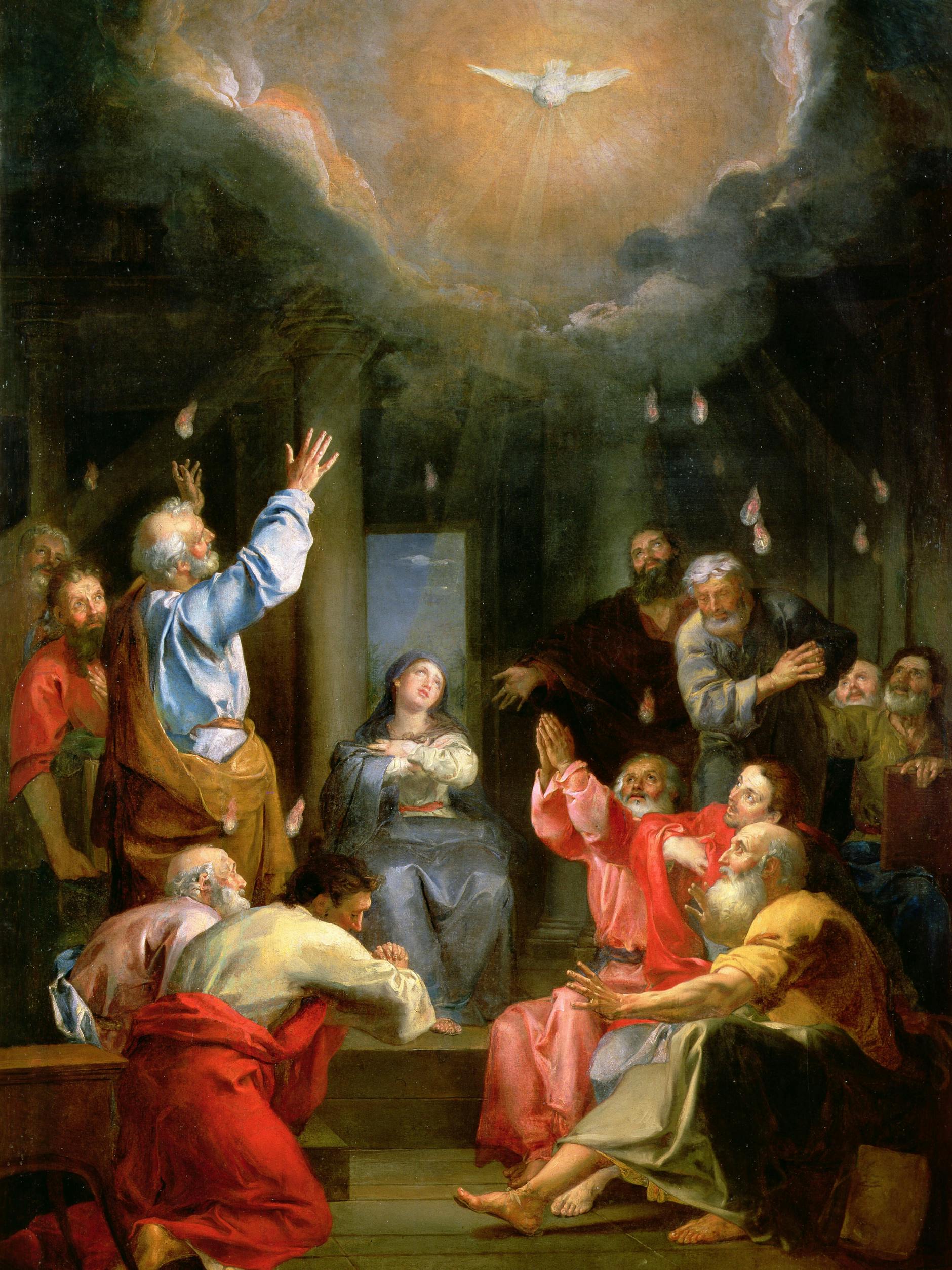 Der Heilige Geist kommt in Gestalt einer Taube samt Feuerzungen herab zu den Aposteln, Maria und weiteren Anhängern Jesu.