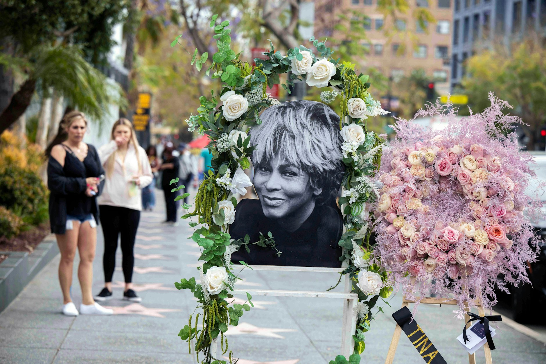 Ein Bild von Tina Turner und Blumen zieren den Stern der Sängerin auf dem Hollywood Walk of Fame. Der Tod der Rock-Legende Tina Turner hat weltweit Betroffenheit ausgelöst.
