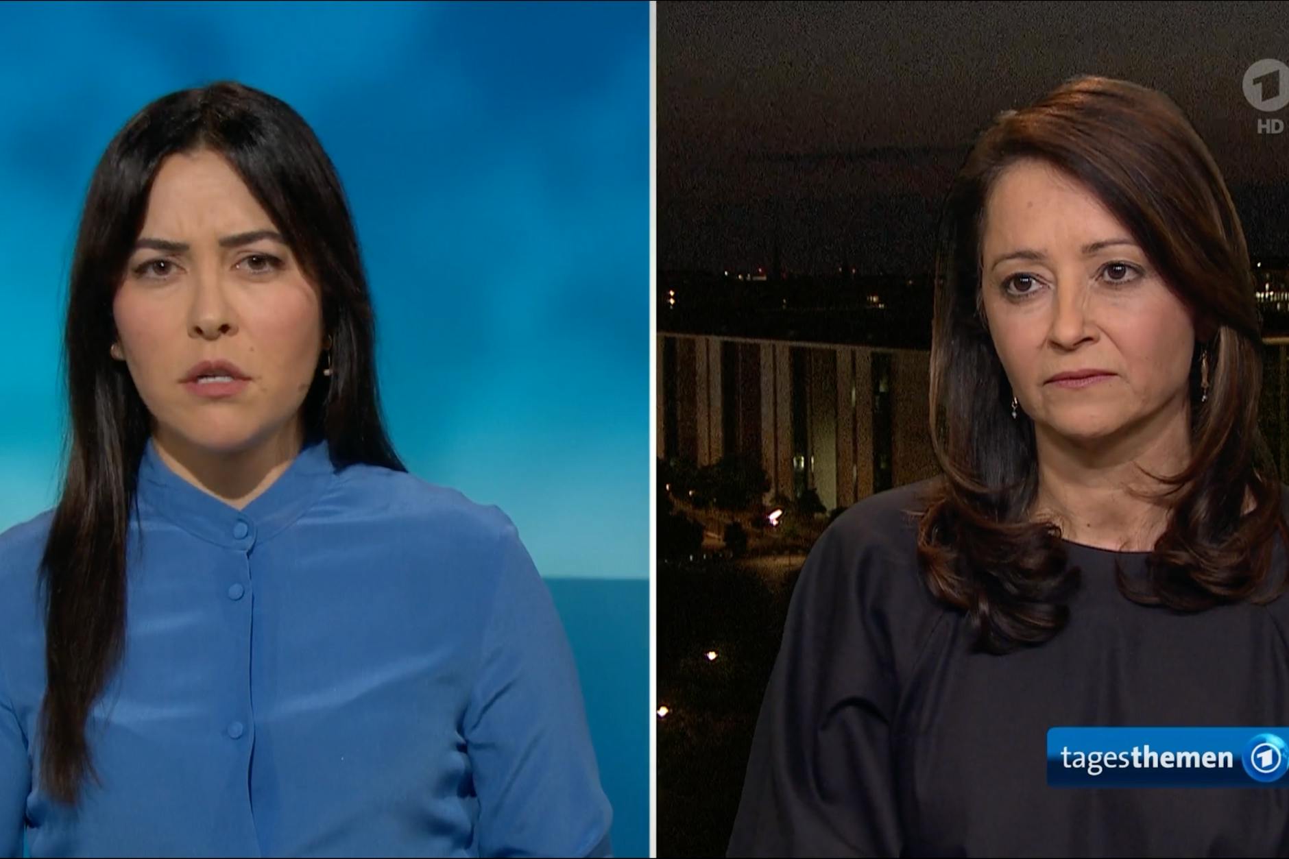 Berlins Justizsenatorin Felor Badenberg (r.) in den ARD Tagesthemen