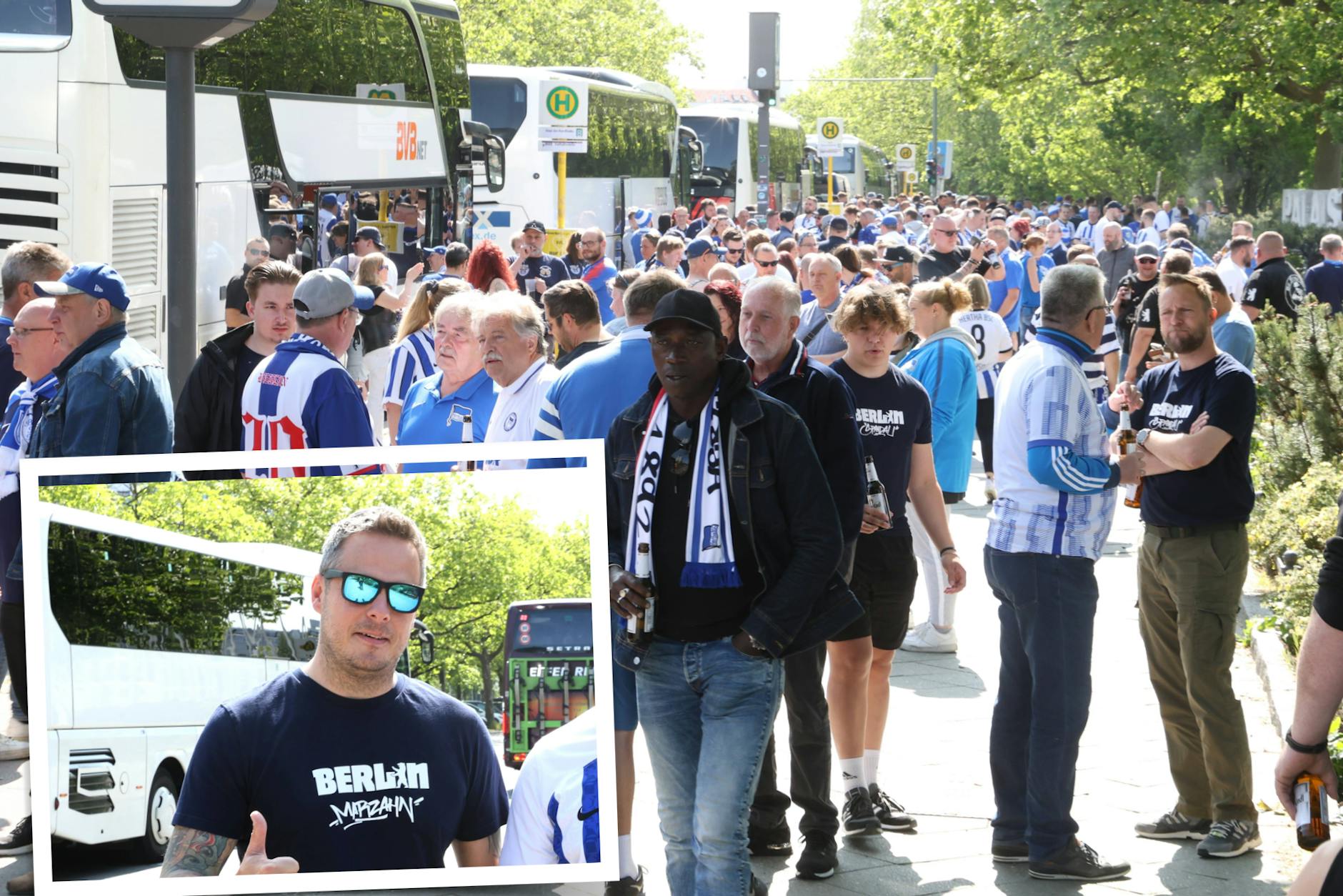 Präsident Kay Bernstein muss mal eben Hertha BSC retten. Doch die Abschiedsfahrt aus der Bundesliga gemeinsam mit den Fans ließ er sich nicht nehmen.