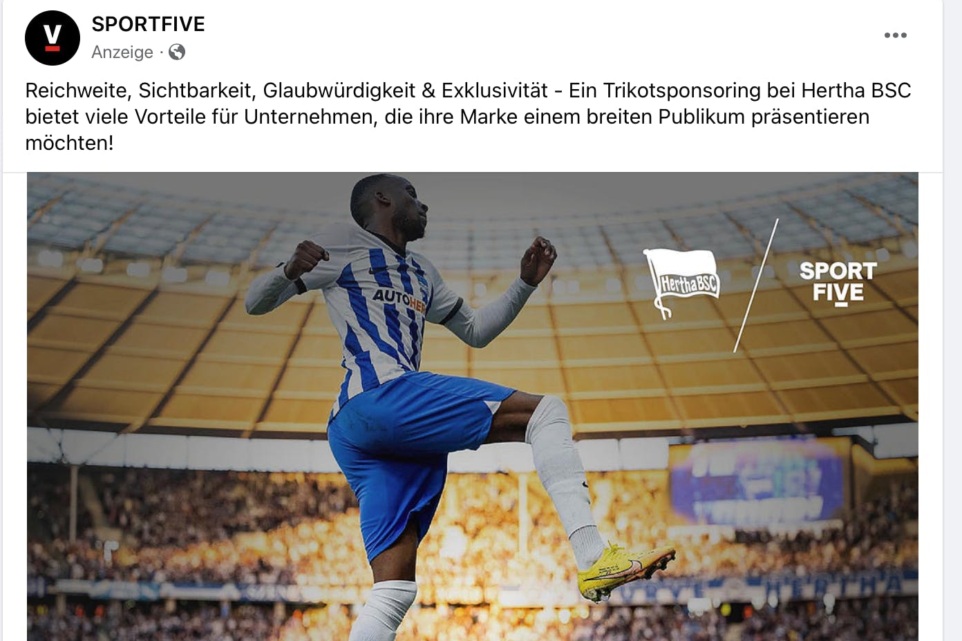 Herthas Vermarkter Sportfive schaltet seit Tagen Anzeigen auf Facebook, um für den Klub einen Trikotsponsor zu finden.