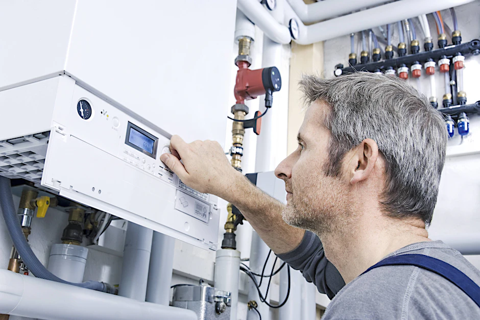 Ein Installateur überprüft eine Heizung