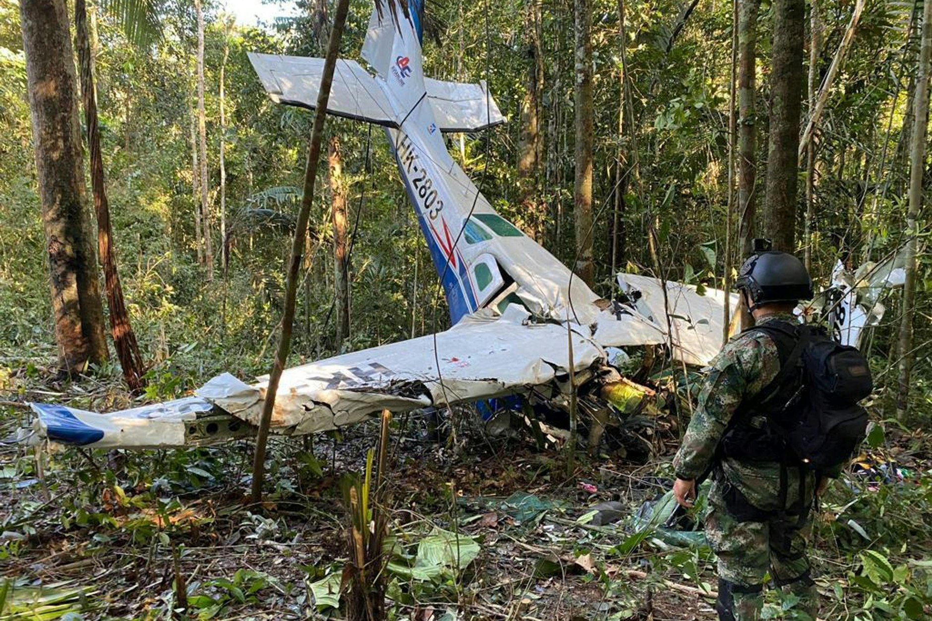 Das Wrack der abgestürzten Cessna C206 im Regenwald im kolumbianischen Bundesstaat Caqueta