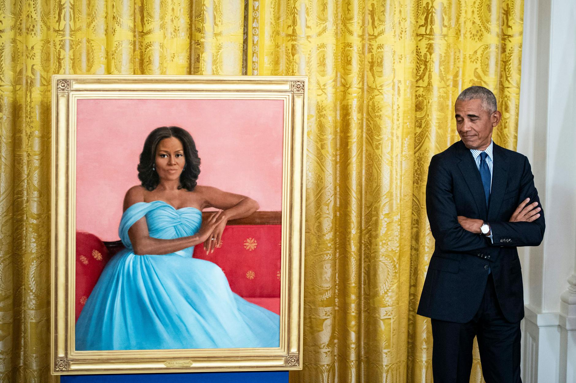 Hat für seine Frau aufgehört: Barack Obama im vergangenen Jahr neben einem Gemälde seiner strengen Gattin.