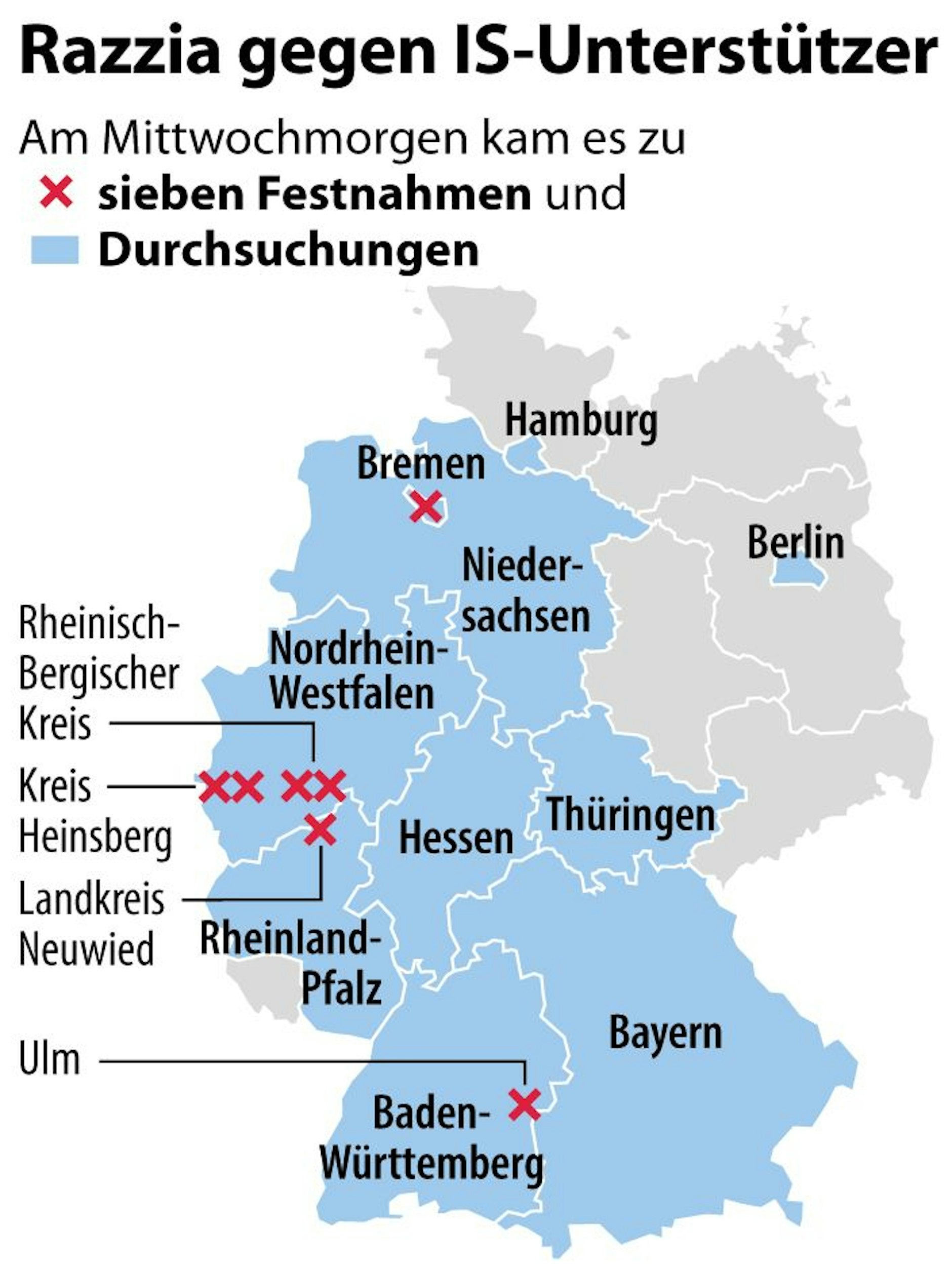 In den blau eingefärbten Bundesländern gab es Durchsuchungen, die roten Kreuze markieren Festnahmen. Auch in den Niederlanden gab es eine Durchsuchung.