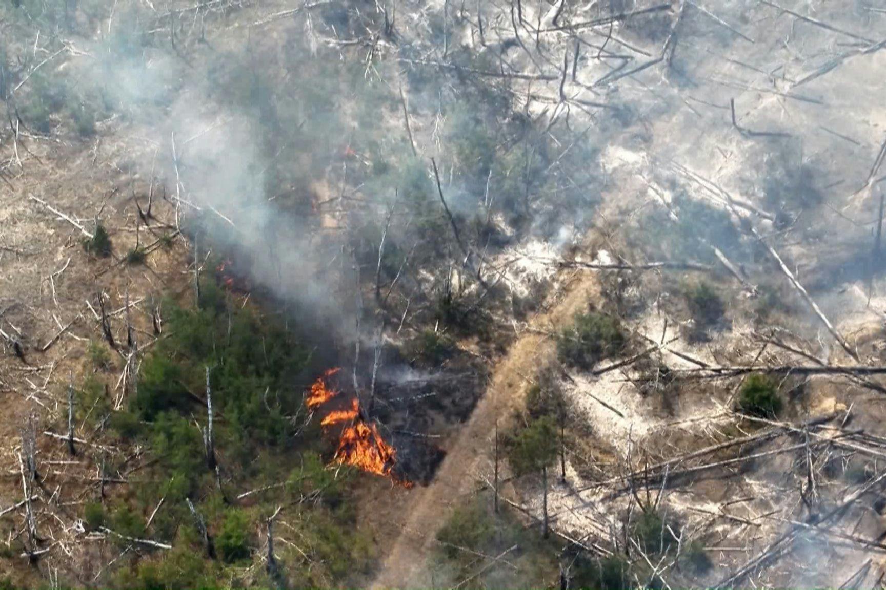 Eine Aufnahme einer Drohne zeigt einen Waldbrand in einem munitionsbelasteten Gebiet bei Jüterbog. Zur Brandbekämpfung kam am Donnerstag auch ein Flugzeug zum Einsatz. (Archivfoto) 
