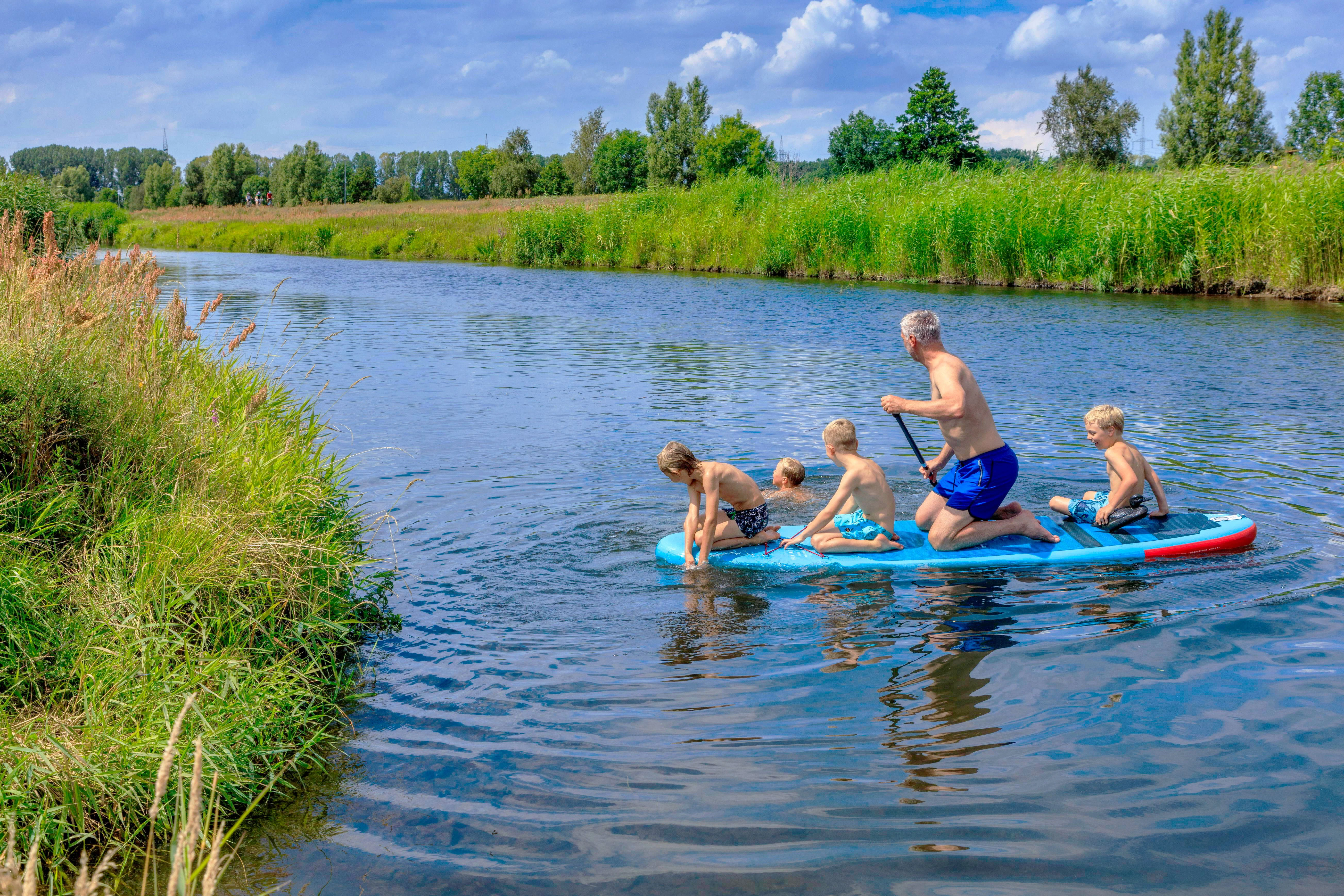 Stand-up-Paddling auf der Spree zwischen Cottbus und dem Spreewald in Brandenburg.