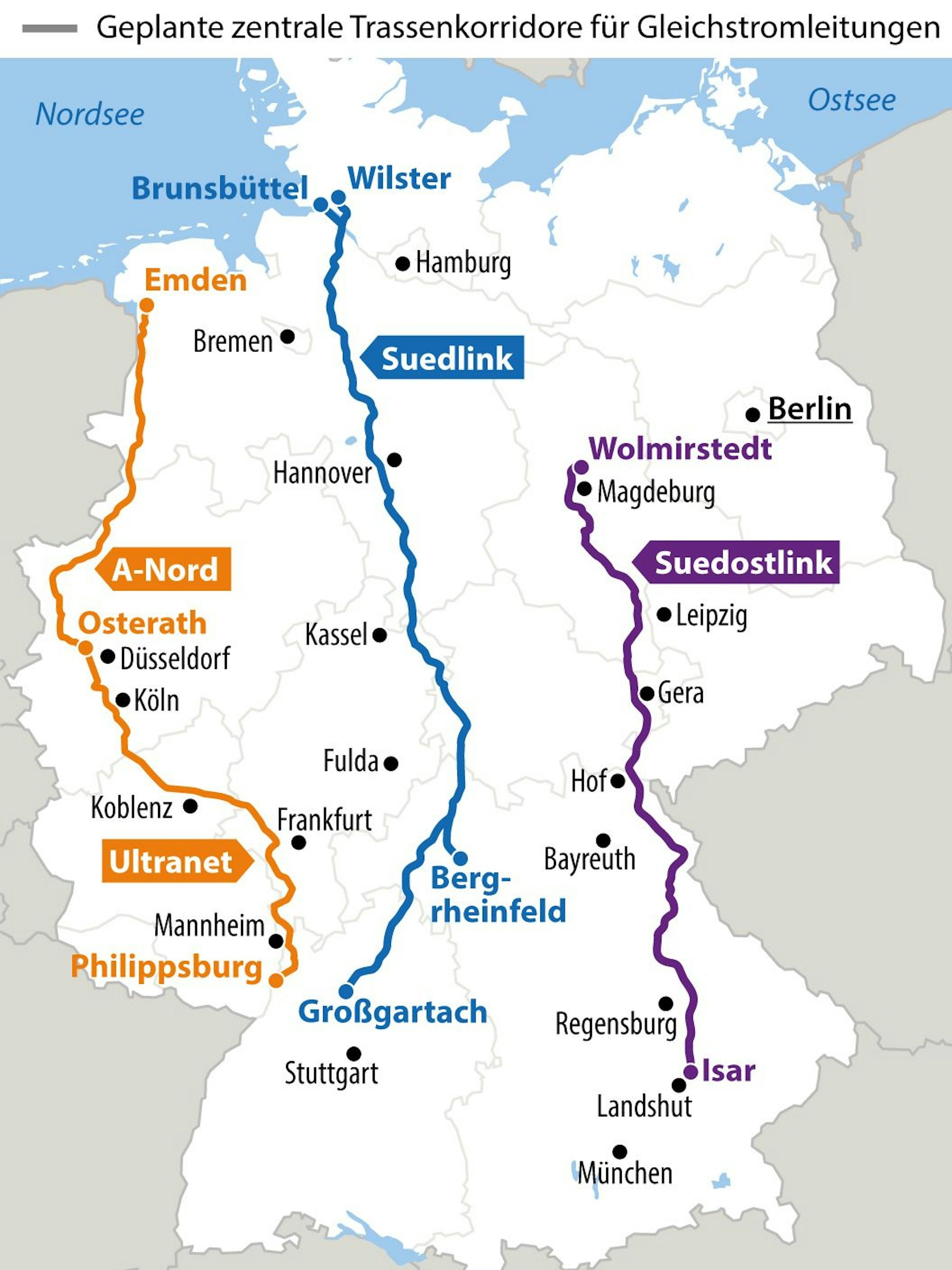 Geplante zentrale Stromtrassen in Deutschland.