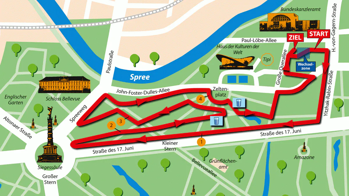 Die Laufstrecke des 5x5 Kilometer-Staffellaufes vom 7. bis 9. Juni: Die John-Foster-Dulles-Allee ist ab 6. Juni dicht. Die Straße des 17. Juni zwischen Großer Stern und Brandenburger Tor und die Yitzhak-Rabin-Straße wird ab dem 7. Juni gesperrt.