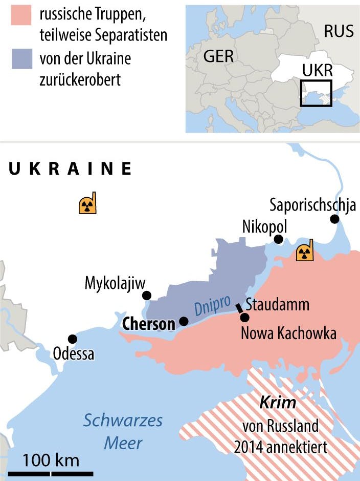Die Lage des zerstörten Dnipro-Staudamms bei Nowa Kachowka. Nordöstlich davon befindet sich das AKW Saporischschja.